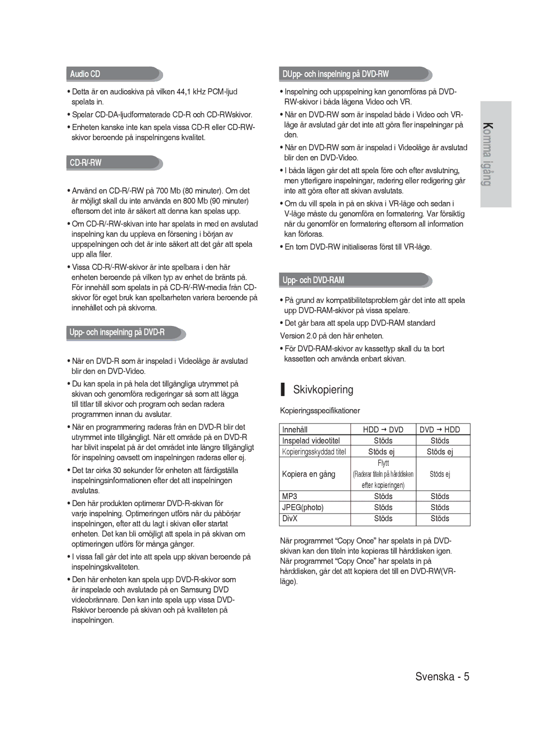 Samsung DVD-HR730A/XEE manual Skivkopiering, Audio CD, DUpp- och inspelning på DVD-RW, Upp- och DVD-RAM 