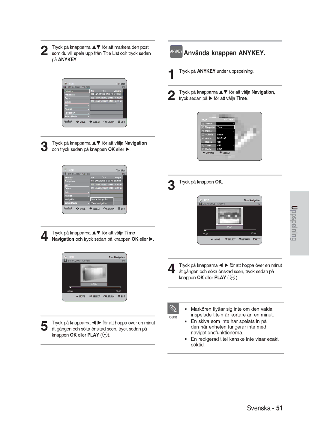 Samsung DVD-HR730A/XEE manual För att välja Time, Tryck sedan på för att välja Time 