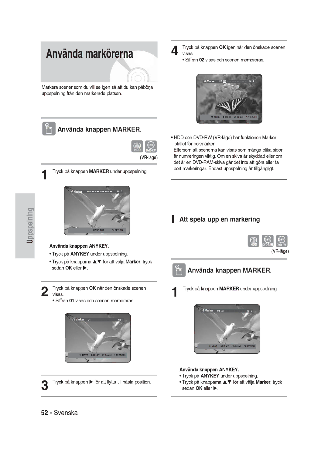 Samsung DVD-HR730A/XEE manual Använda markörerna, Använda knappen Marker, Att spela upp en markering 