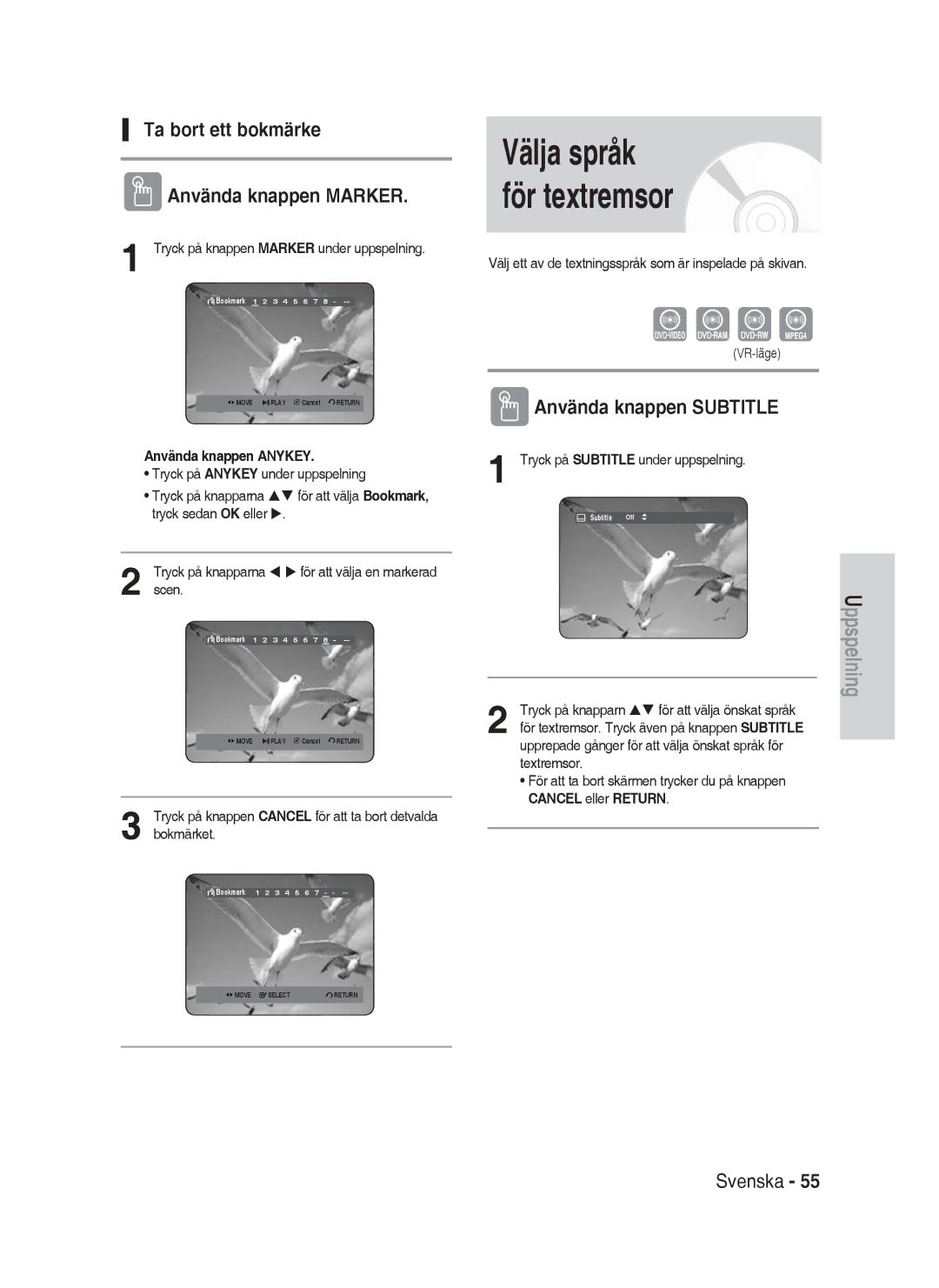 Samsung DVD-HR730A/XEE manual Ta bort ett bokmärke Använda knappen Marker, Använda knappen Subtitle, Tryck sedan OK eller 