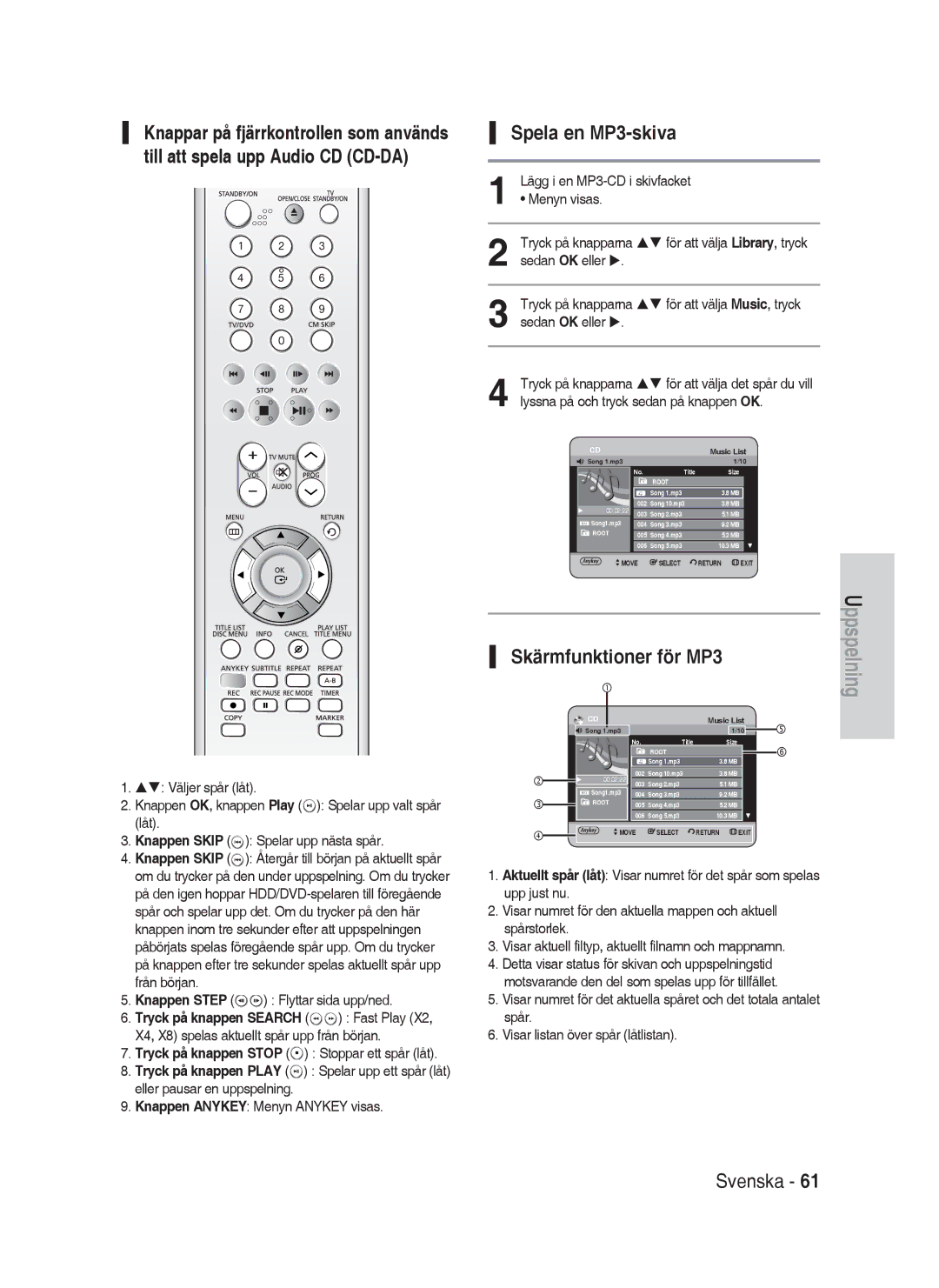 Samsung DVD-HR730A/XEE manual Spela en MP3-skiva, Menyn visas, För att välja Music, tryck 