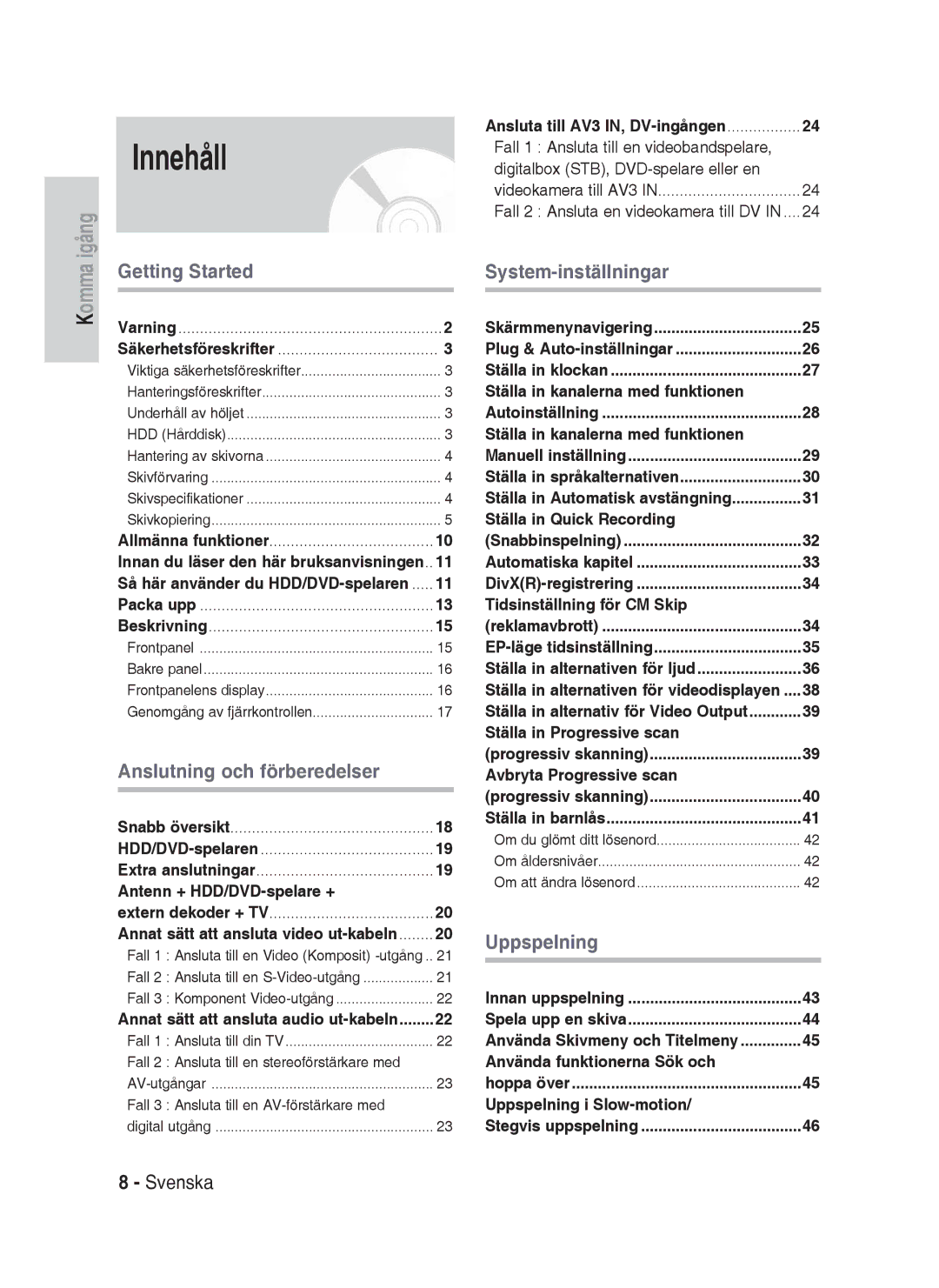 Samsung DVD-HR730A/XEE manual Innehåll 