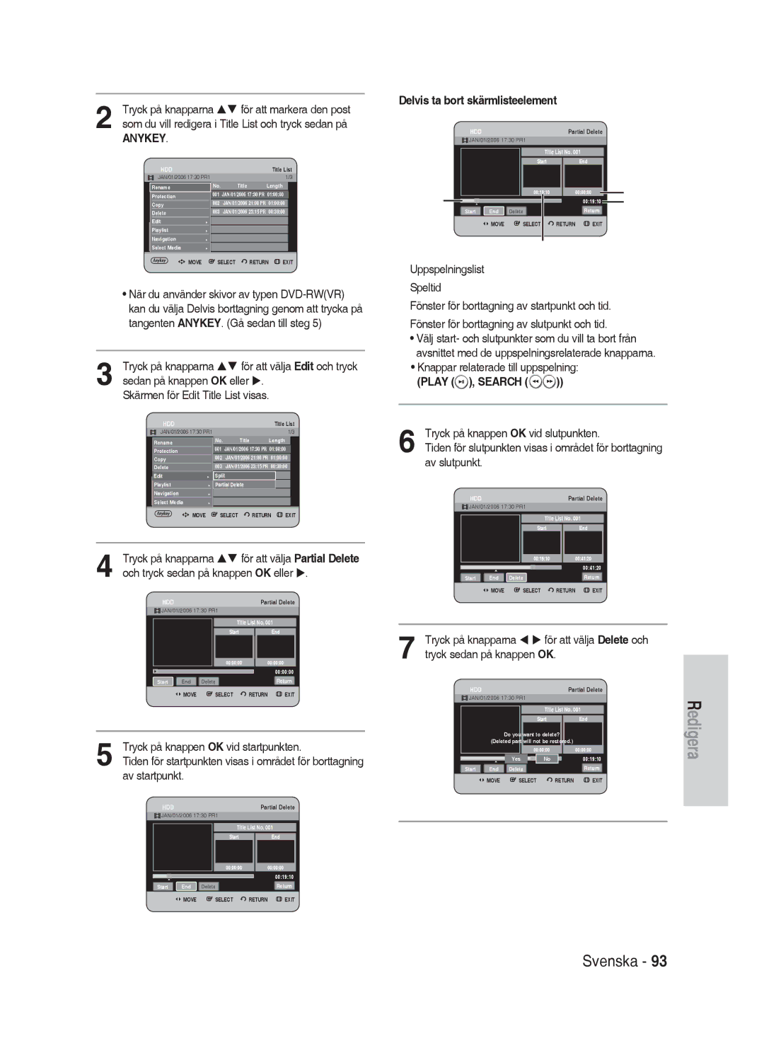 Samsung DVD-HR730A/XEE manual Tryck på knappen OK vid startpunkten, Av startpunkt, Delvis ta bort skärmlisteelement 