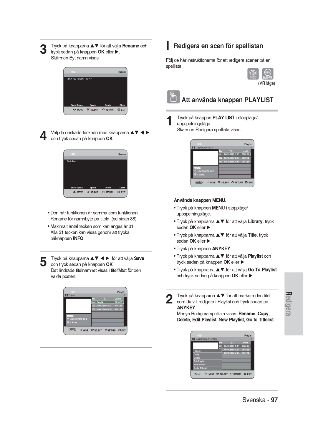 Samsung DVD-HR730A/XEE manual Redigera en scen för spellistan, Att använda knappen Playlist, För att välja Playlist och 