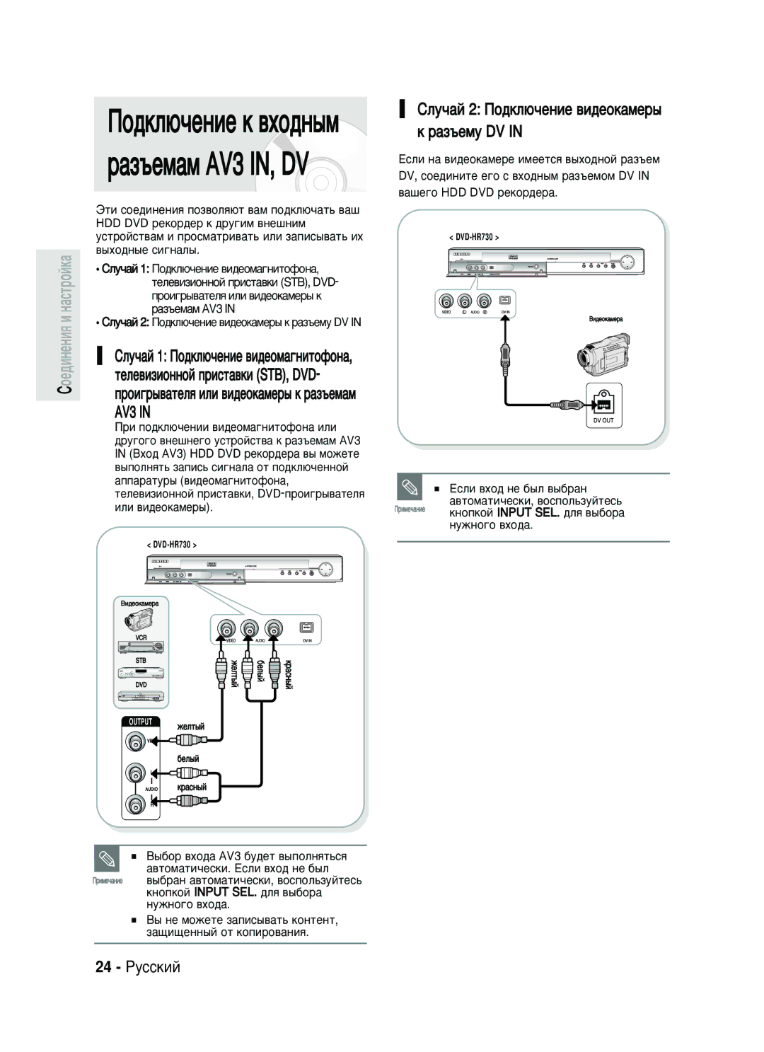 Samsung DVD-HR730/SEO ÈÓ‰ÍÎ˛˜ÂÌËÂ Í ‚ıÓ‰Ì˚Ï ‡Á˙ÂÏ‡Ï AV3 IN, DV, ËÎÛ˜‡È 2 èÓ‰ÍÎ˛˜ÂÌËÂ ‚Ë‰ÂÓÍ‡ÏÂ˚ Í ‡Á˙ÂÏÛ DV, 24 êÛÒÒÍËÈ 