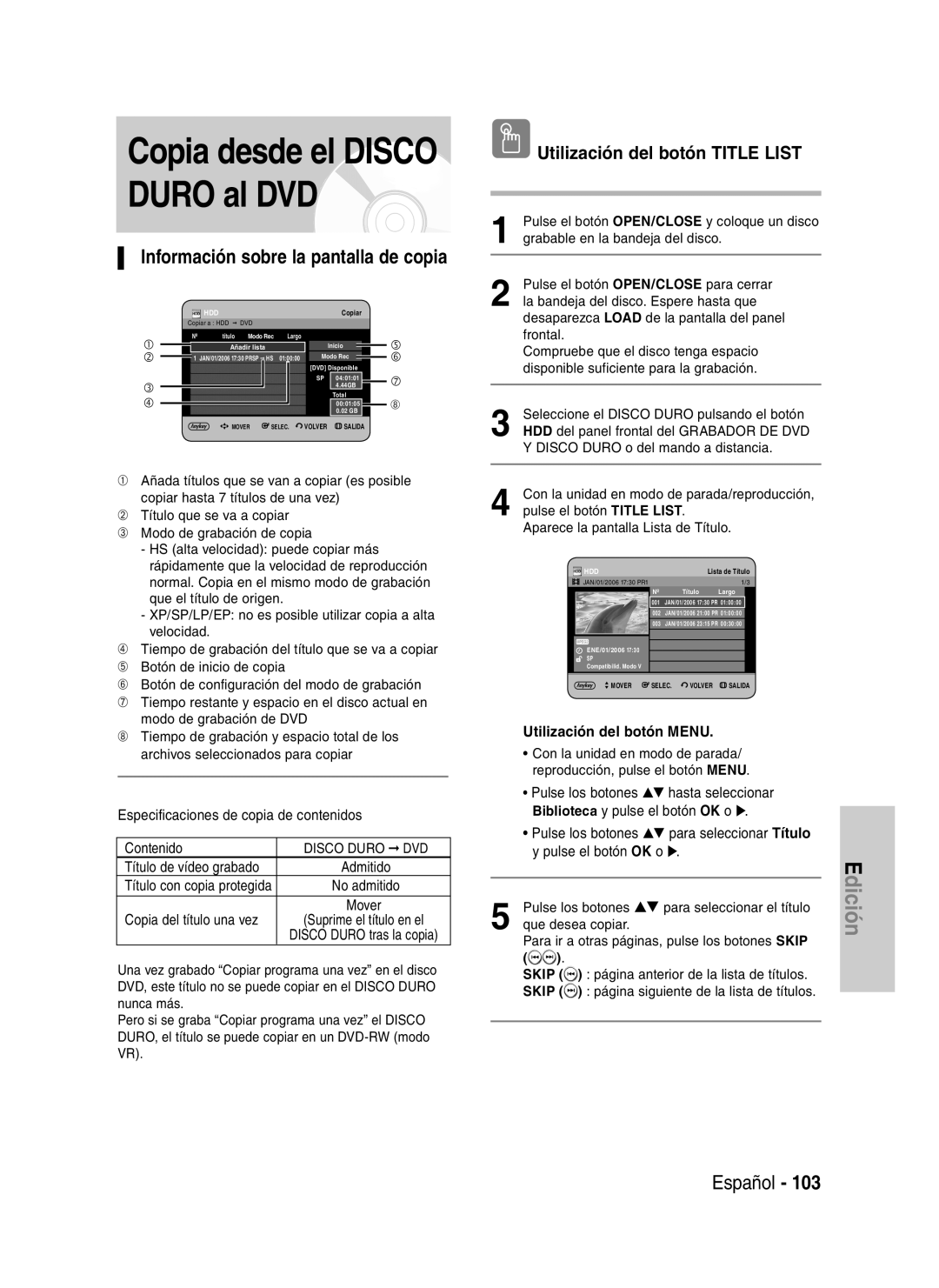 Samsung DVD-HR730/XEG manual Copia desde el Disco Duro al DVD, Información sobre la pantalla de copia, Disco Duro DVD 