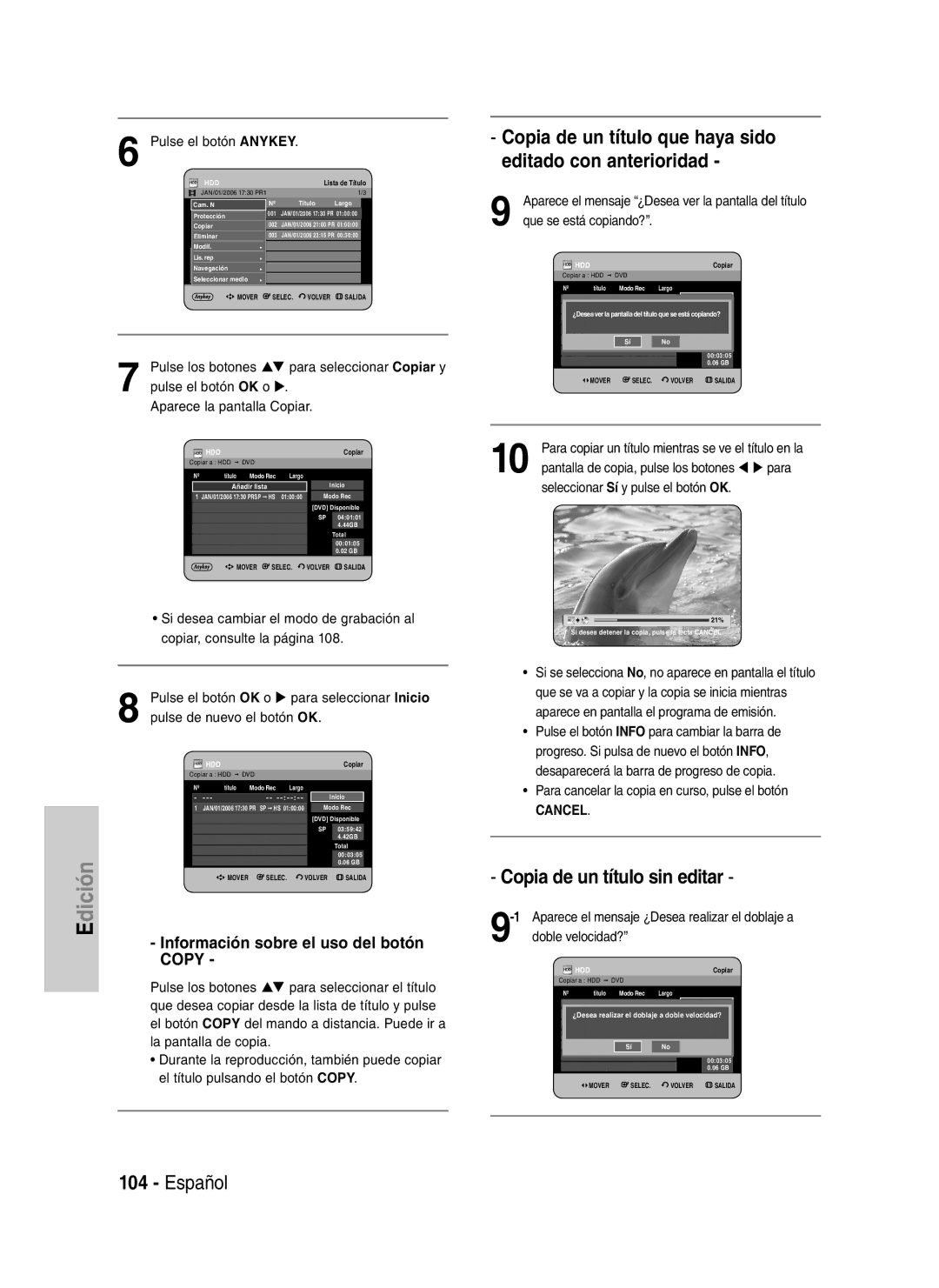 Samsung DVD-HR730/XEF manual Copia de un título sin editar, Copia de un título que haya sido editado con anterioridad 