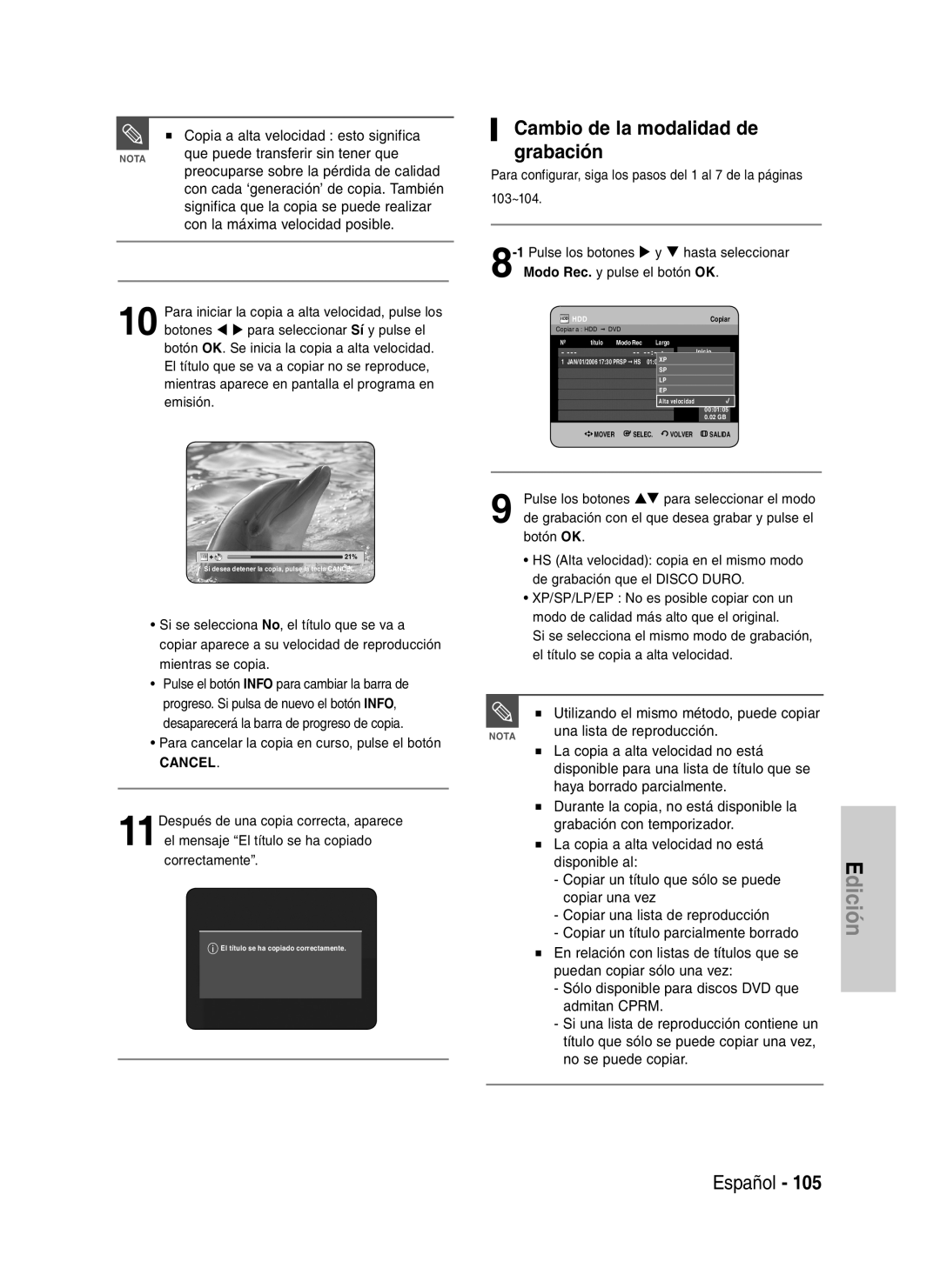 Samsung DVD-HR734/XEF, DVD-HR730/XEC, DVD-HR730/XEB, DVD-HR734/XEG, DVD-HR730/XEG manual Cambio de la modalidad de grabación 