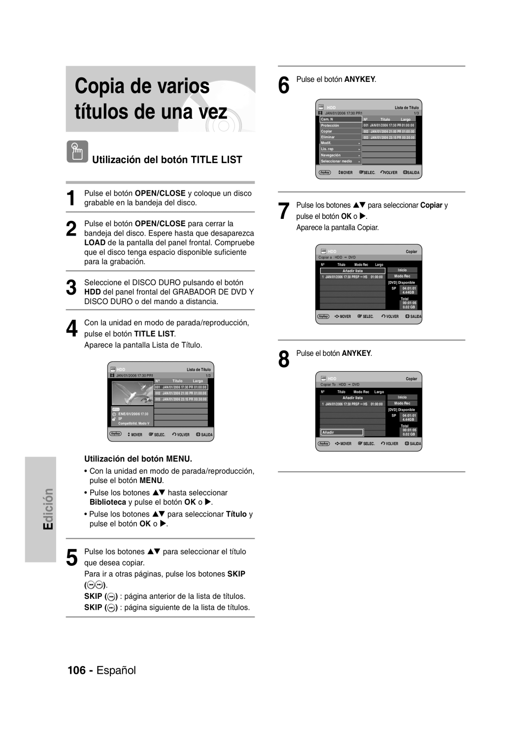 Samsung DVD-HR730/XET, DVD-HR730/XEC, DVD-HR730/XEB manual Copia de varios títulos de una vez, Aparece la pantalla Copiar 