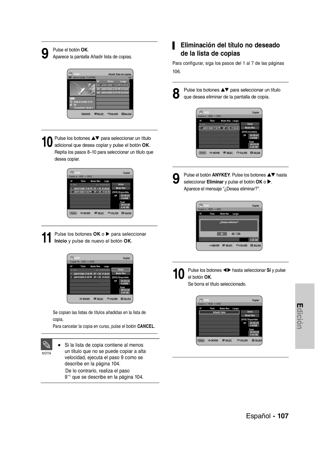 Samsung DVD-HR734/XET Eliminación del título no deseado de la lista de copias, Si la lista de copia contiene al menos 