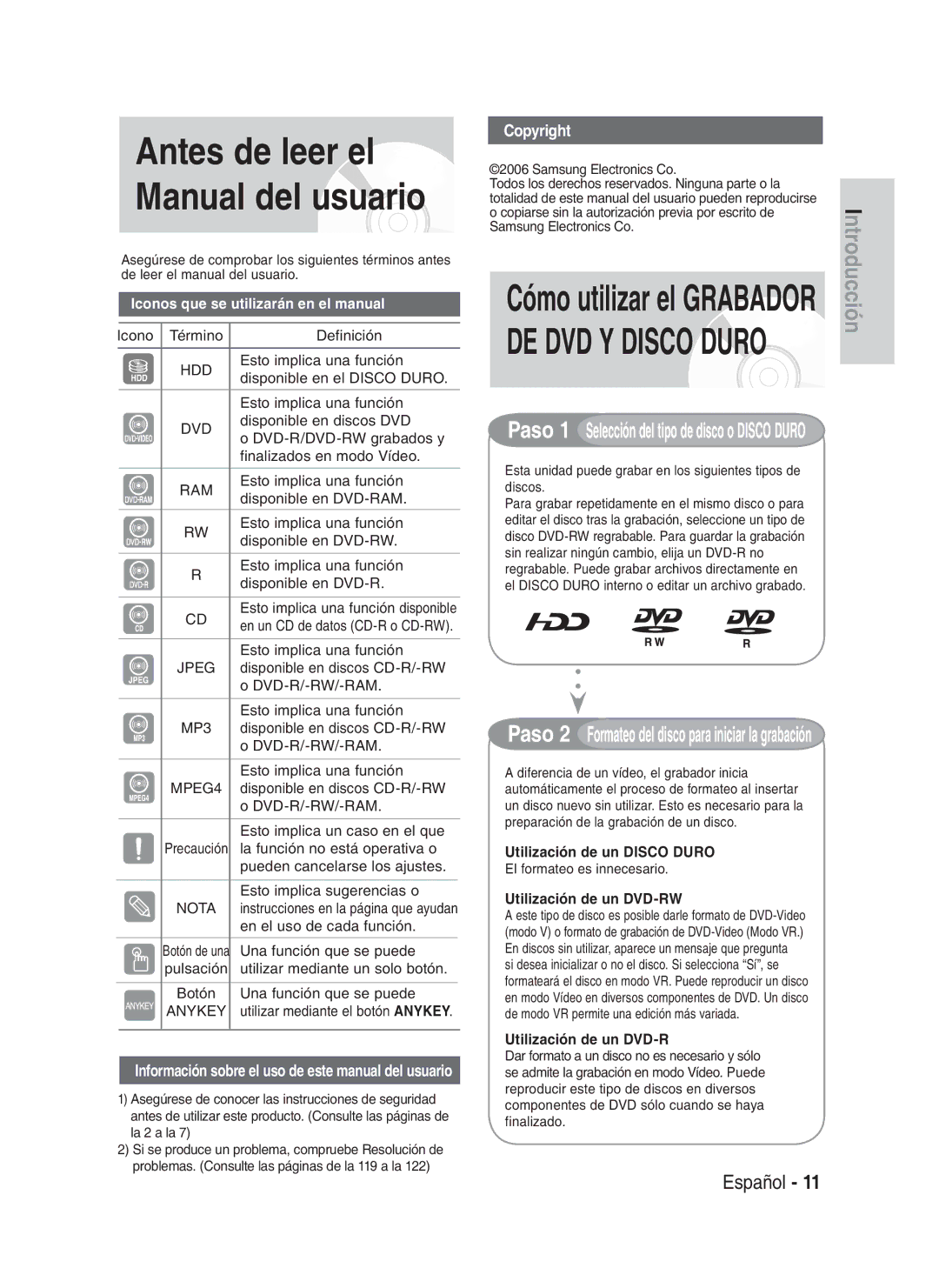 Samsung DVD-HR734/XEB manual Antes de leer el Manual del usuario, Utilización de un Disco Duro, Utilización de un DVD-RW 