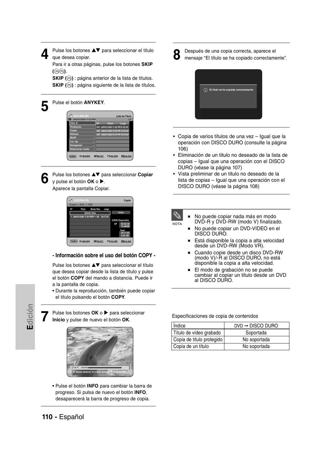 Samsung DVD-HR734/EUR manual No puede copiar nada más en modo, No puede copiar un DVD-VIDEO en el, Desde un DVD-RW Modo VR 