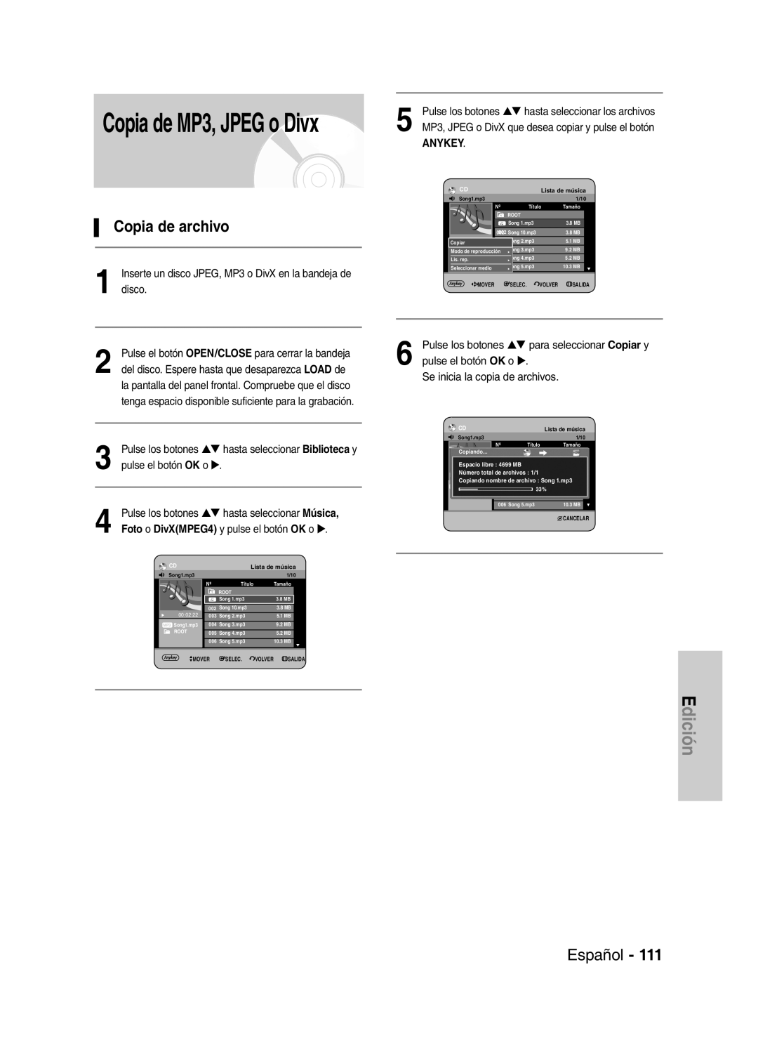 Samsung DVD-HR734/XEB, DVD-HR730/XEC manual Copia de archivo, Inserte un disco JPEG, MP3 o DivX en la bandeja de disco 