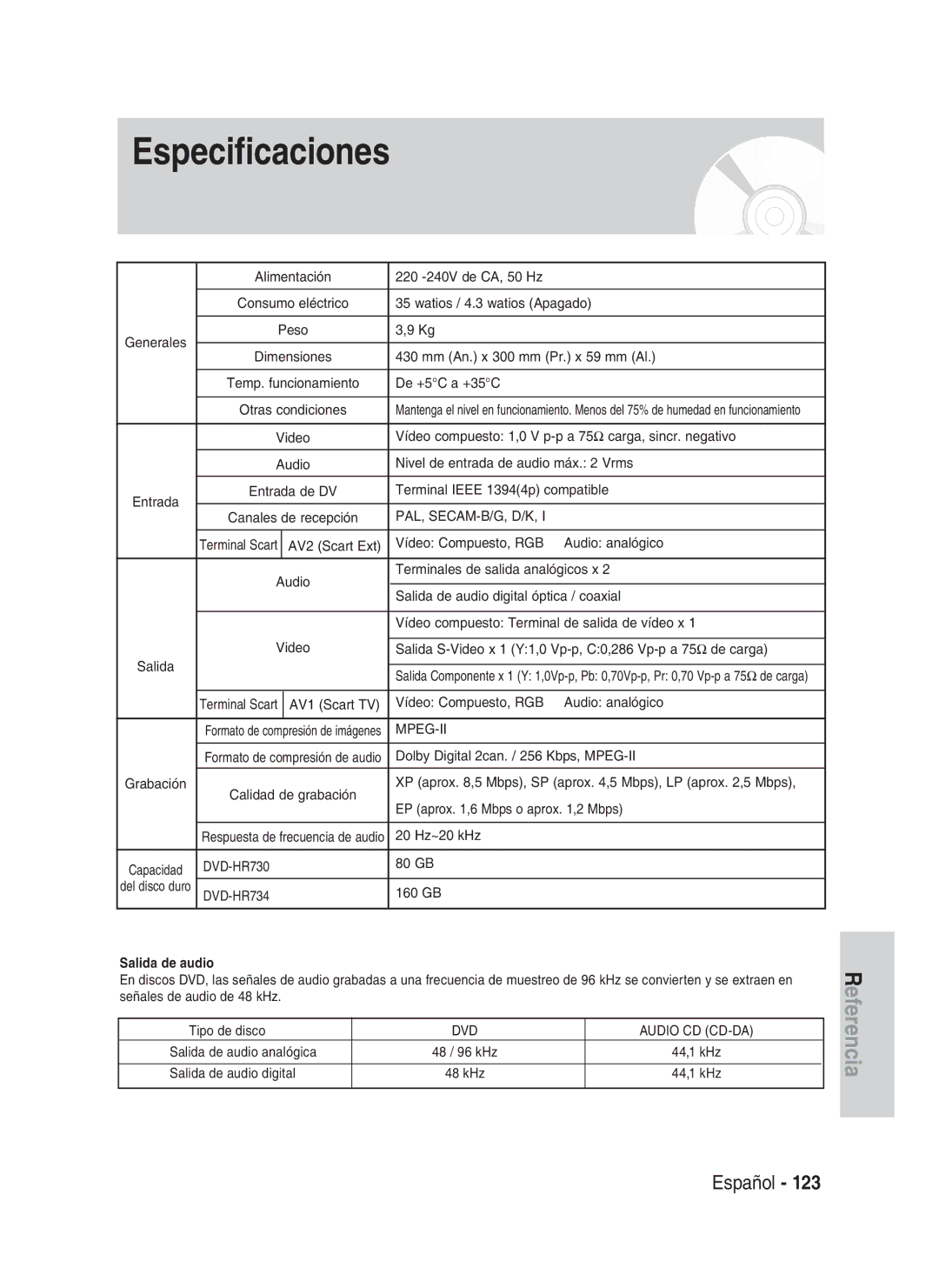 Samsung DVD-HR730/XEG, DVD-HR730/XEC, DVD-HR730/XEB, DVD-HR734/XEG, DVD-HR730/XEF, DVD-HR734/XEF, DVD-HR730/XET Salida de audio 