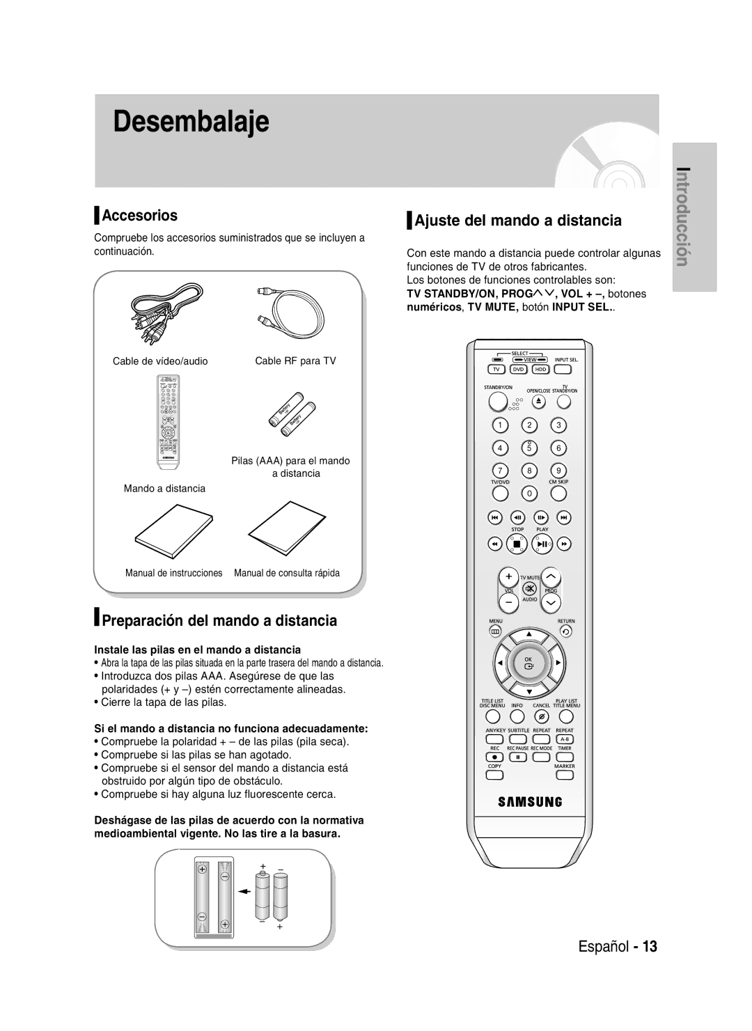 Samsung DVD-HR730/XEU, DVD-HR730/XEC manual Accesorios, Preparación del mando a distancia, Ajuste del mando a distancia 