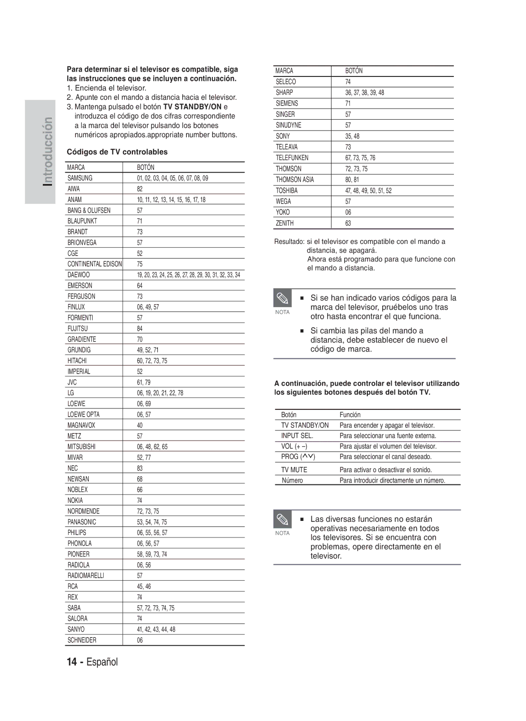 Samsung DVD-HR734/XEU, DVD-HR730/XEC, DVD-HR730/XEB, DVD-HR734/XEG, DVD-HR730/XEG, DVD-HR730/XEF Códigos de TV controlables 