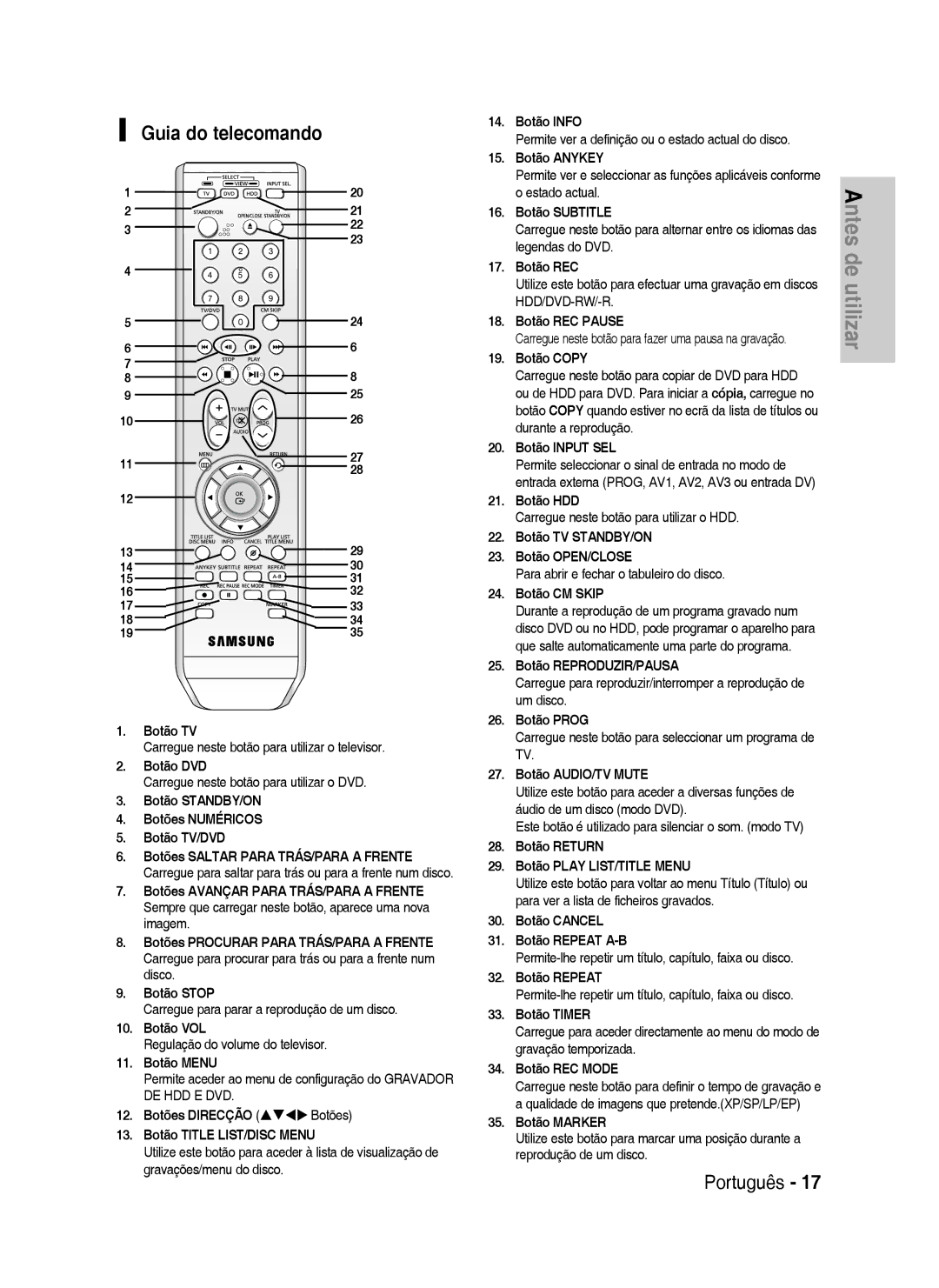 Samsung DVD-HR730/XEF, DVD-HR730/XEC, DVD-HR730/XEB, DVD-HR734/XEG, DVD-HR730/XEG, DVD-HR734/XEF manual Guia do telecomando 