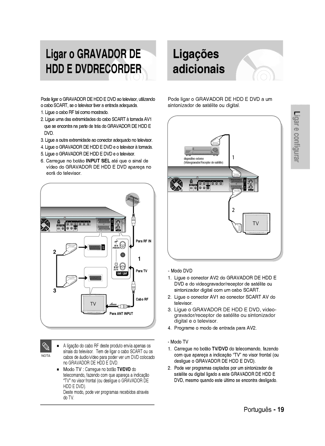 Samsung DVD-HR730/XET, DVD-HR730/XEC manual Ligações, Adicionais, Ligue o Gravador DE HDD E DVD e o televisor à tomada 