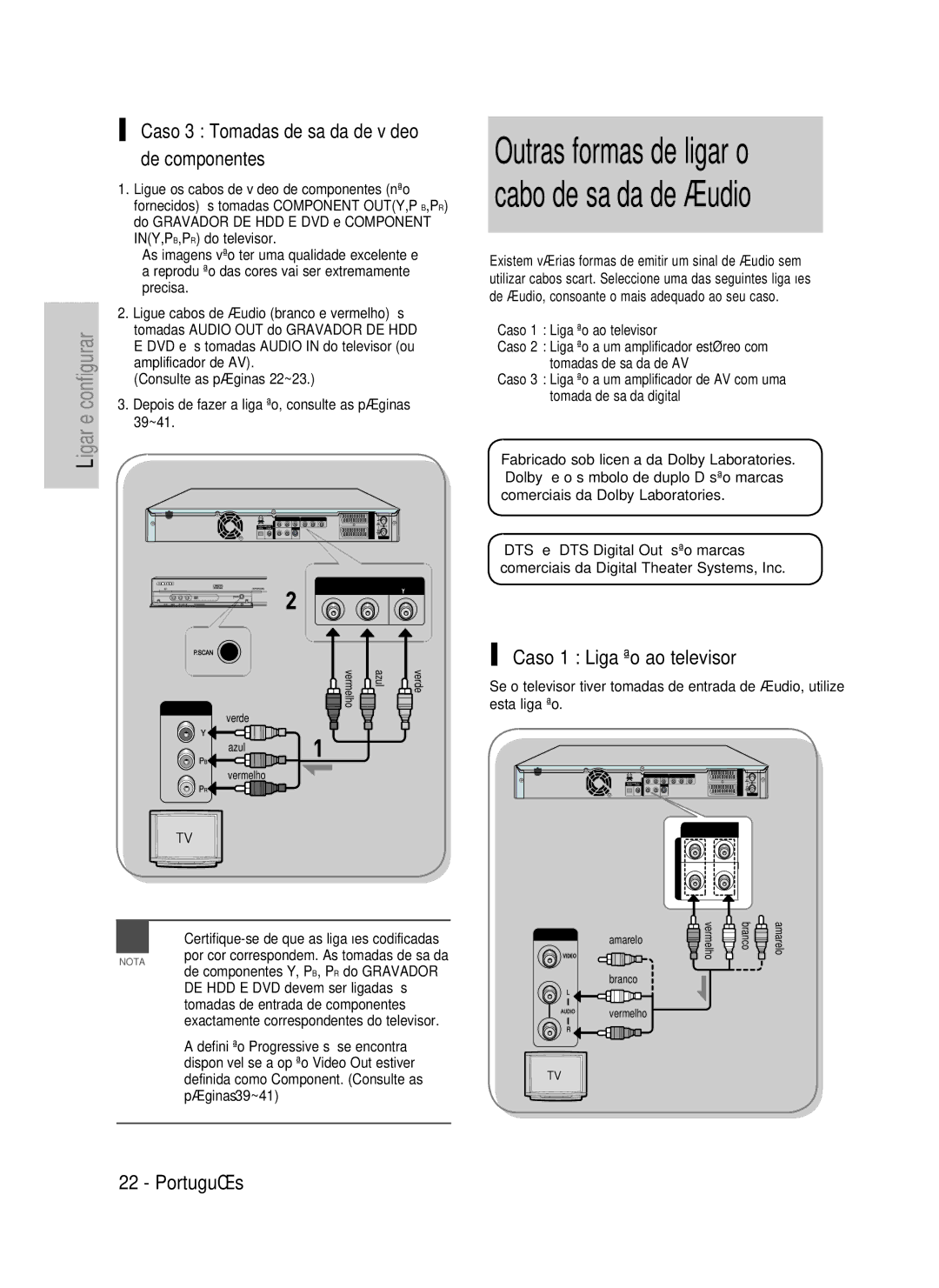 Samsung DVD-HR734/XEE, DVD-HR730/XEC manual Caso 3 Tomadas de saída de vídeo de componentes, Caso 1 Ligação ao televisor 