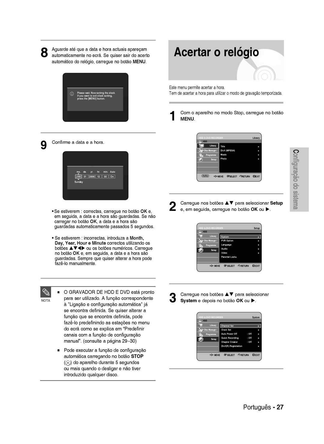 Samsung DVD-HR734/XEU, DVD-HR730/XEC, DVD-HR730/XEB, DVD-HR734/XEG, DVD-HR730/XEG, DVD-HR730/XEF manual Acertar o relógio 