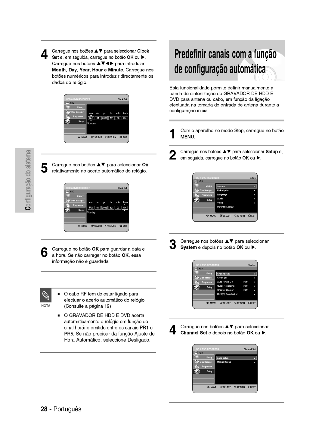 Samsung DVD-HR730/XEO manual Cabo RF tem de estar ligado para, Efectuar o acerto automático do relógio, Consulte a página 