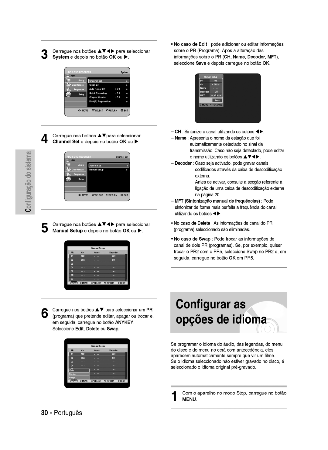 Samsung DVD-HR734/XEO, DVD-HR730/XEC manual Configurar as opções de idioma, Carregue nos botões Stwx para seleccionar 