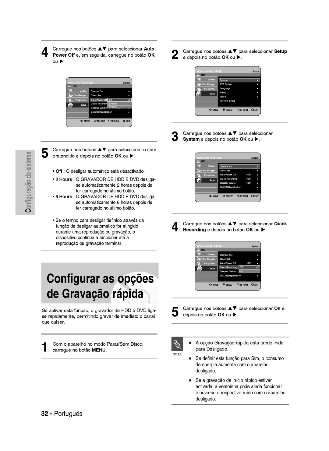 Samsung DVD-HR730/XEN manual Opção Gravação rápida está predefinida para Desligado, De energia aumenta com o aparelho 