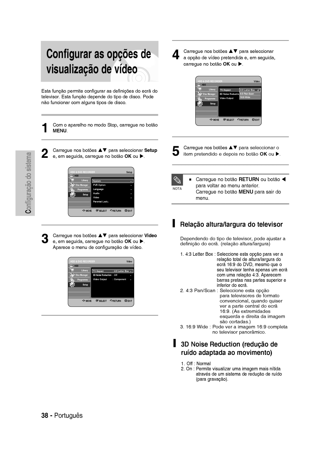 Samsung DVD-HR734/XEF Relação altura/largura do televisor, Carregue no botão Return ou botão W, Carregue no botão OK ou 