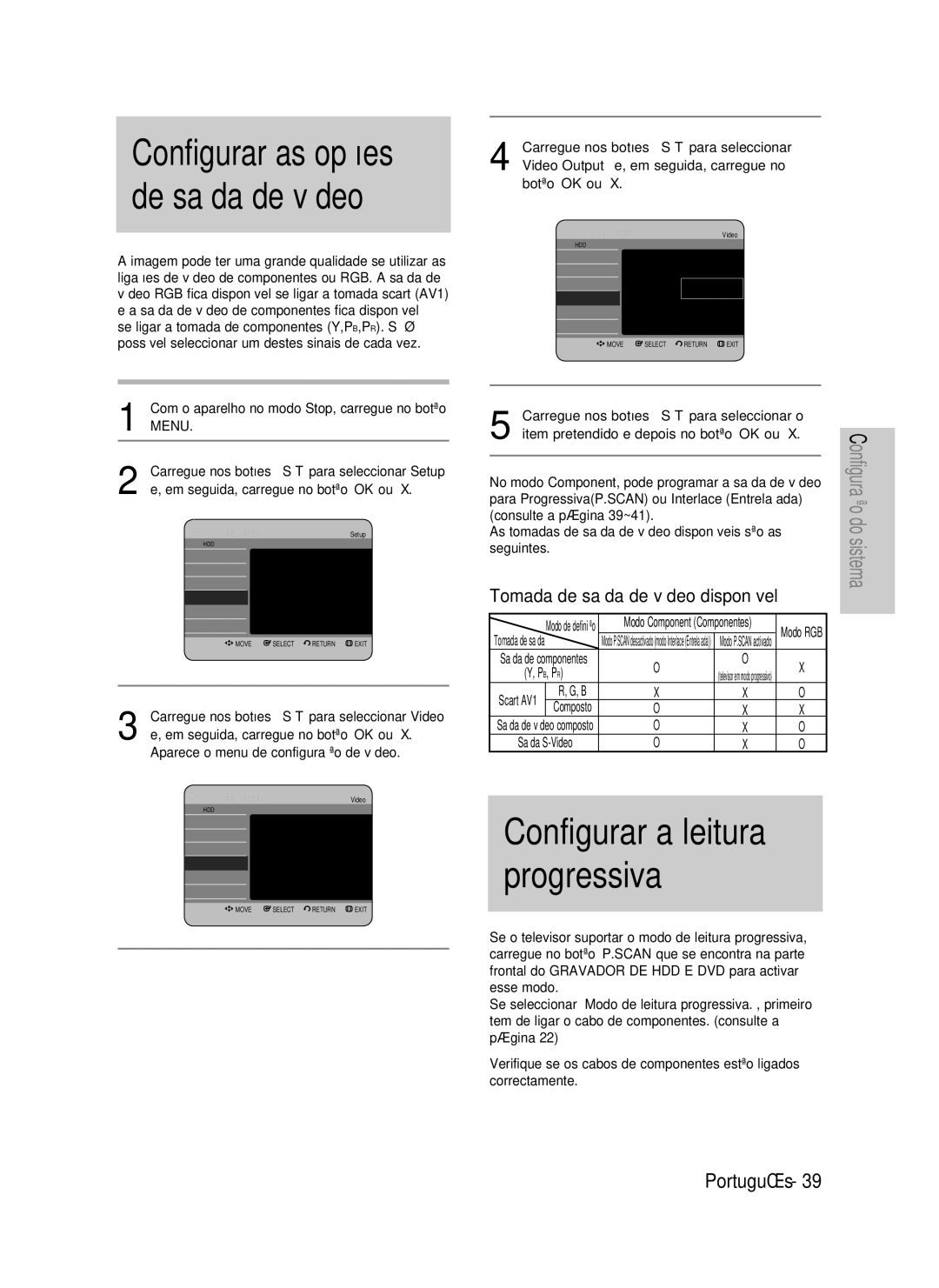 Samsung DVD-HR730/XET, DVD-HR730/XEC manual De saída de vídeo, Configurar as opções, Configurar a leitura progressiva 