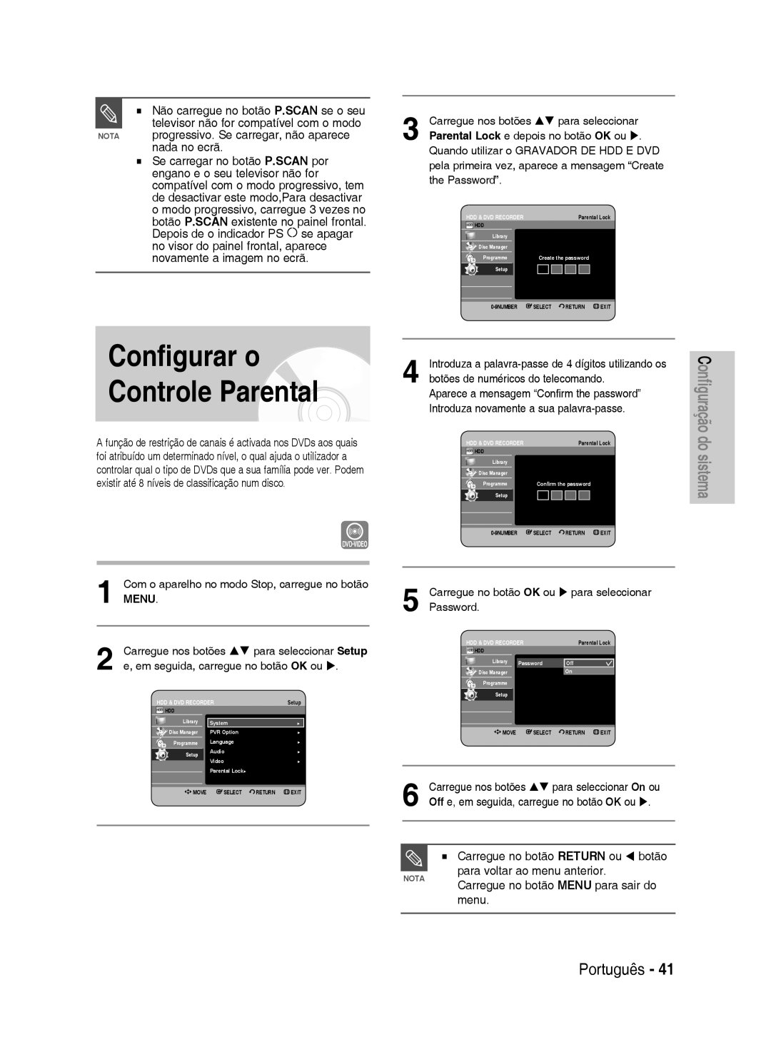 Samsung DVD-HR734/XEN manual Configurar o Controle Parental, Nota progressivo. Se carregar, não aparece nada no ecrã 