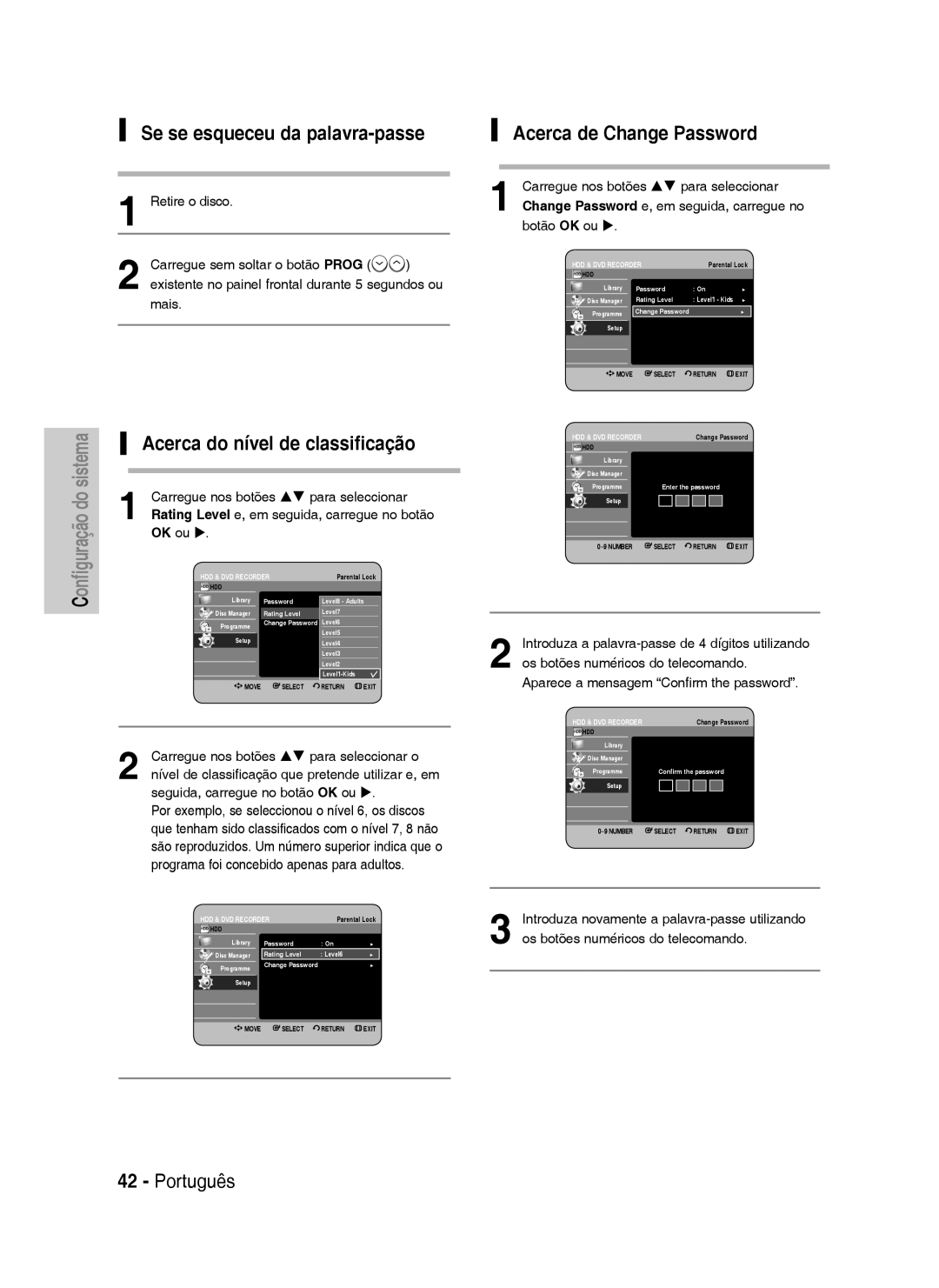 Samsung DVD-HR734/XEE, DVD-HR730/XEC, DVD-HR730/XEB manual Se se esqueceu da palavra-passe, Acerca de Change Password, OK ou 