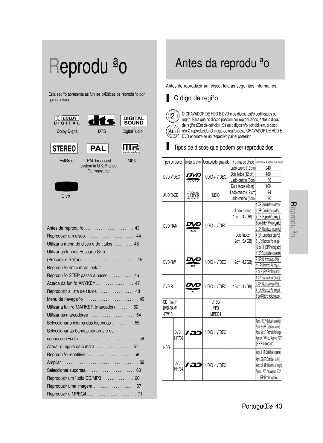 Samsung DVD-HR734/EUR, DVD-HR730/XEC Antes da reprodução, Código de região, Tipos de discos que podem ser reproduzidos 