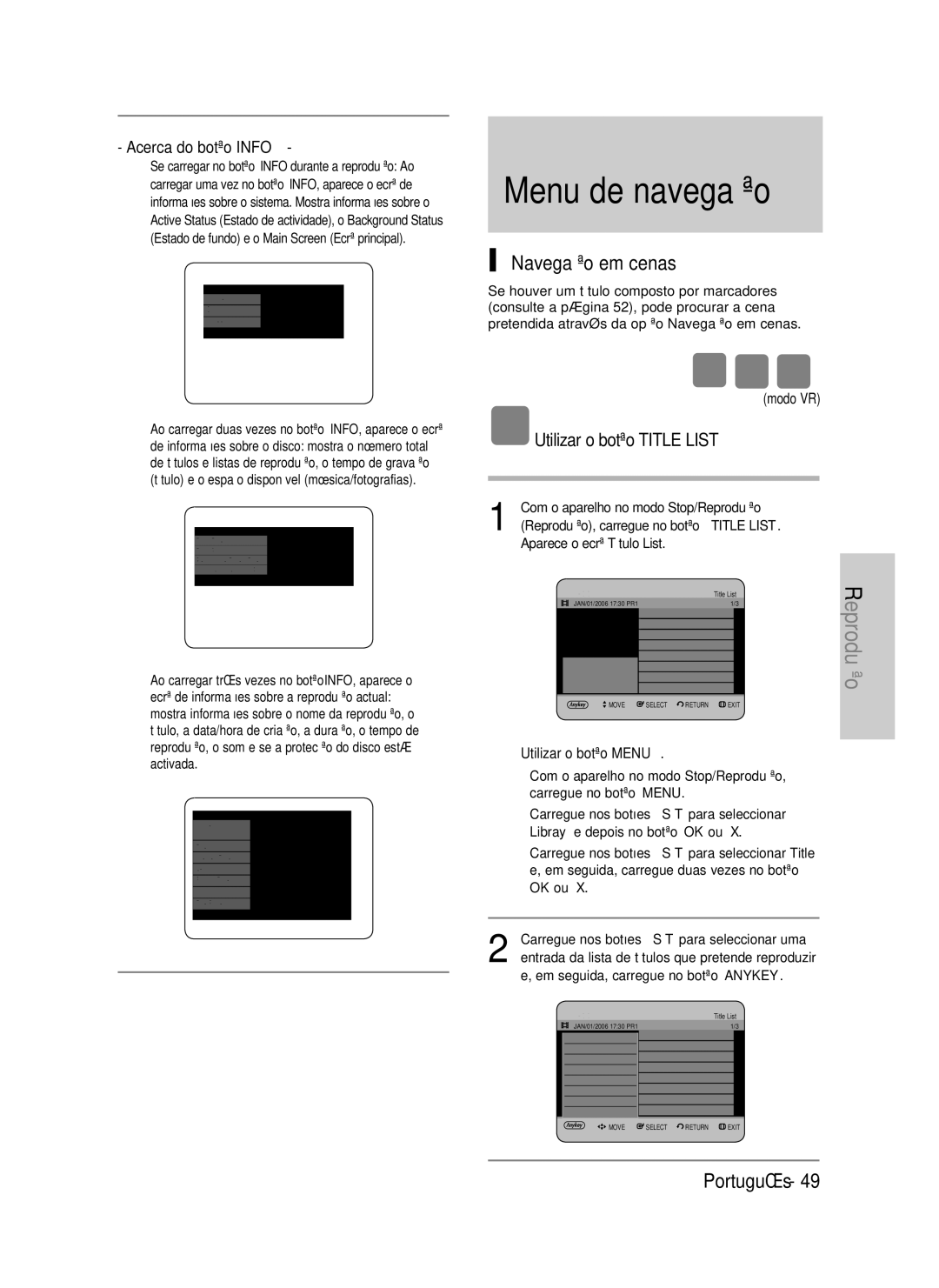 Samsung DVD-HR730/EUR, DVD-HR730/XEC manual Navegação em cenas, Acerca do botão Info, Com o aparelho no modo Stop/Reprodução 