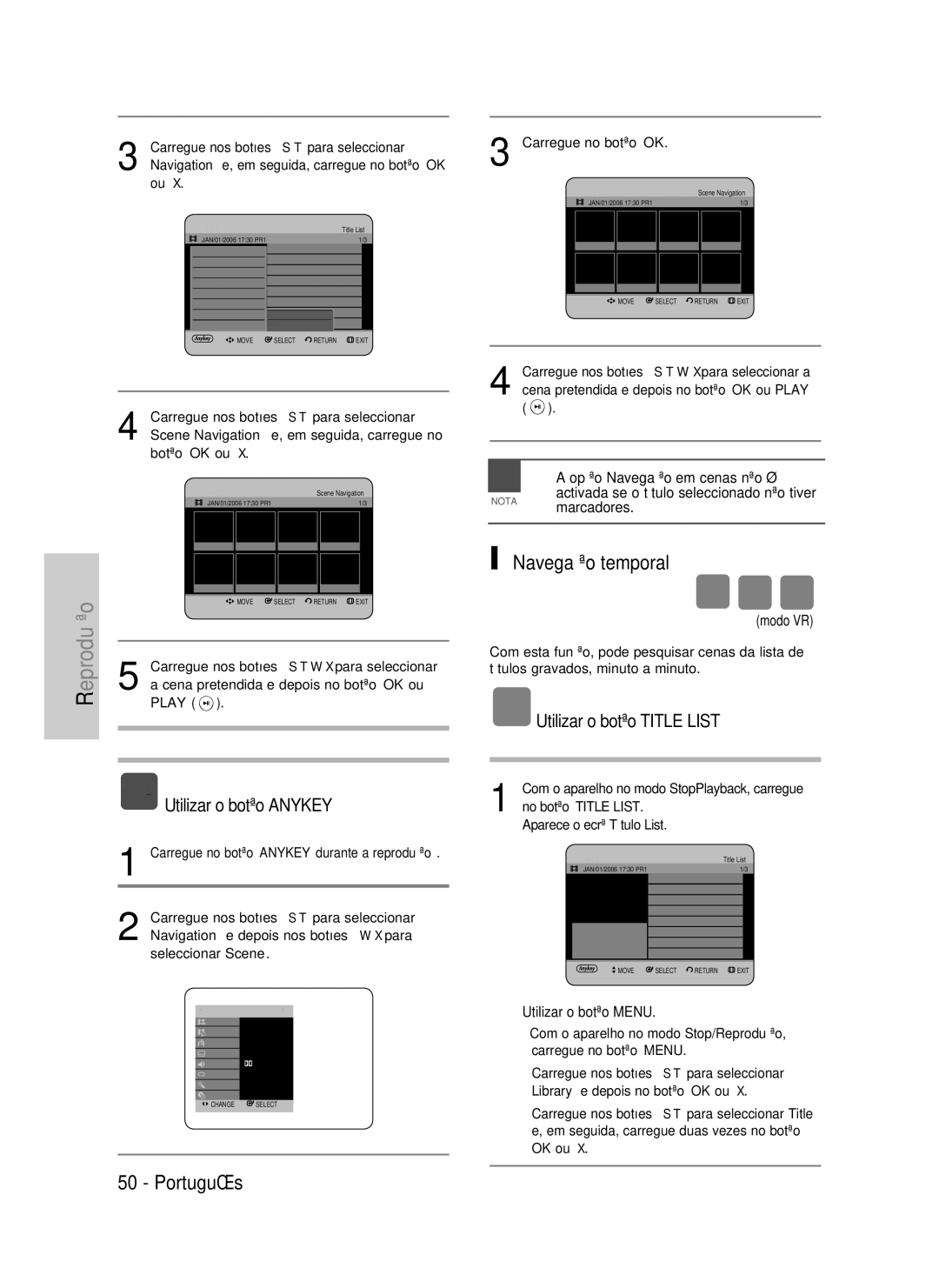 Samsung DVD-HR734/XEO Navegação temporal, Utilizar o botão Anykey, Nota marcadores, OK ou, Aparece o ecrã Título List 