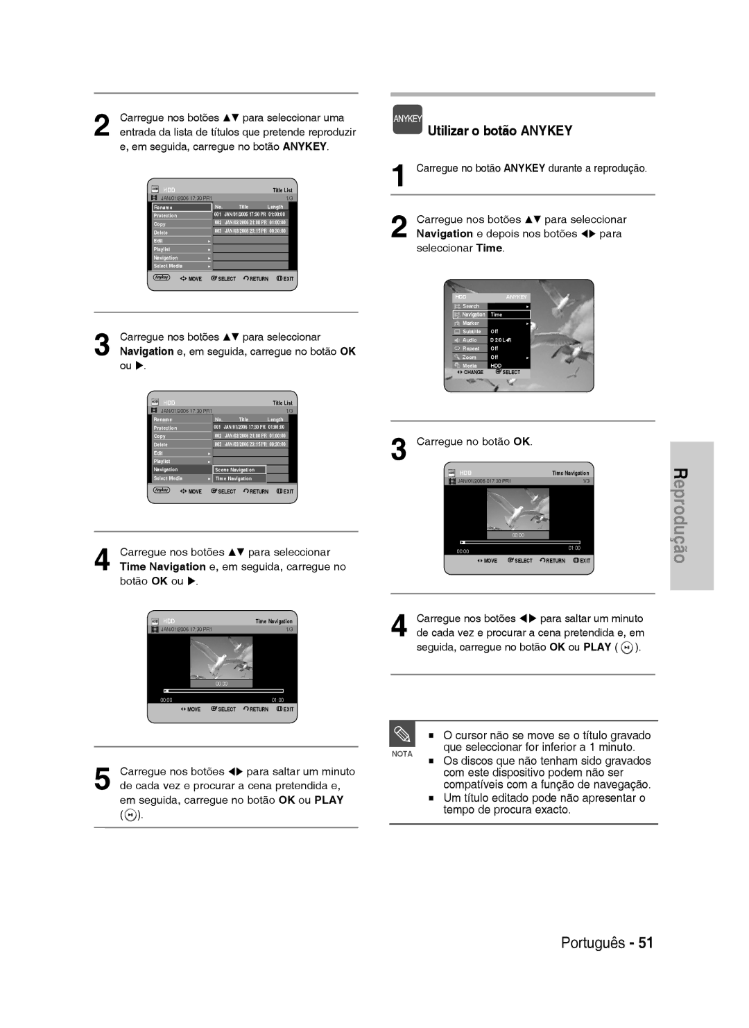 Samsung DVD-HR734/XEC, DVD-HR730/XEC manual Cursor não se move se o título gravado, Que seleccionar for inferior a 1 minuto 