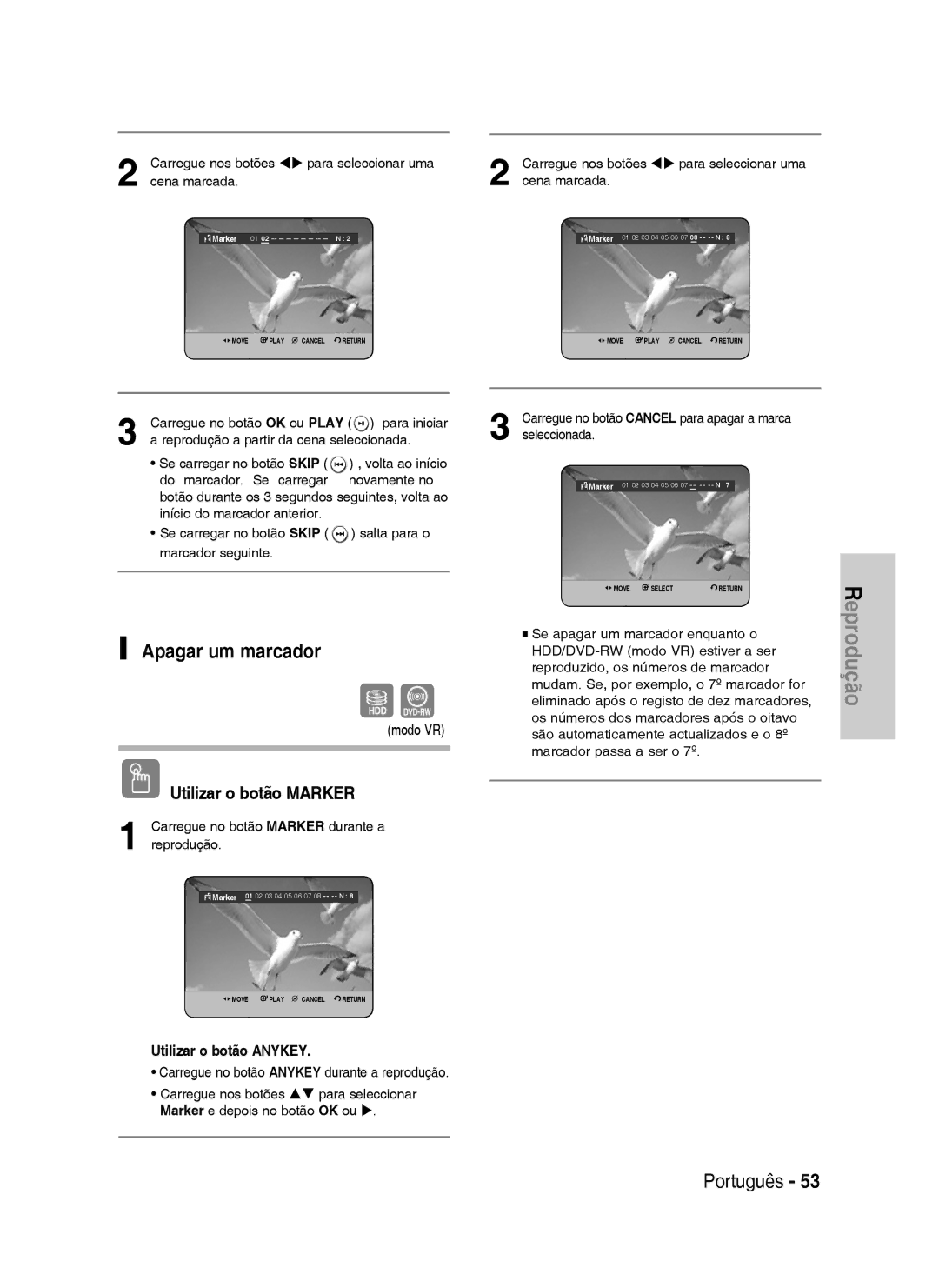 Samsung DVD-HR730/XEC, DVD-HR730/XEB manual Apagar um marcador, Carregue nos botões WX para seleccionar uma, Cena marcada 