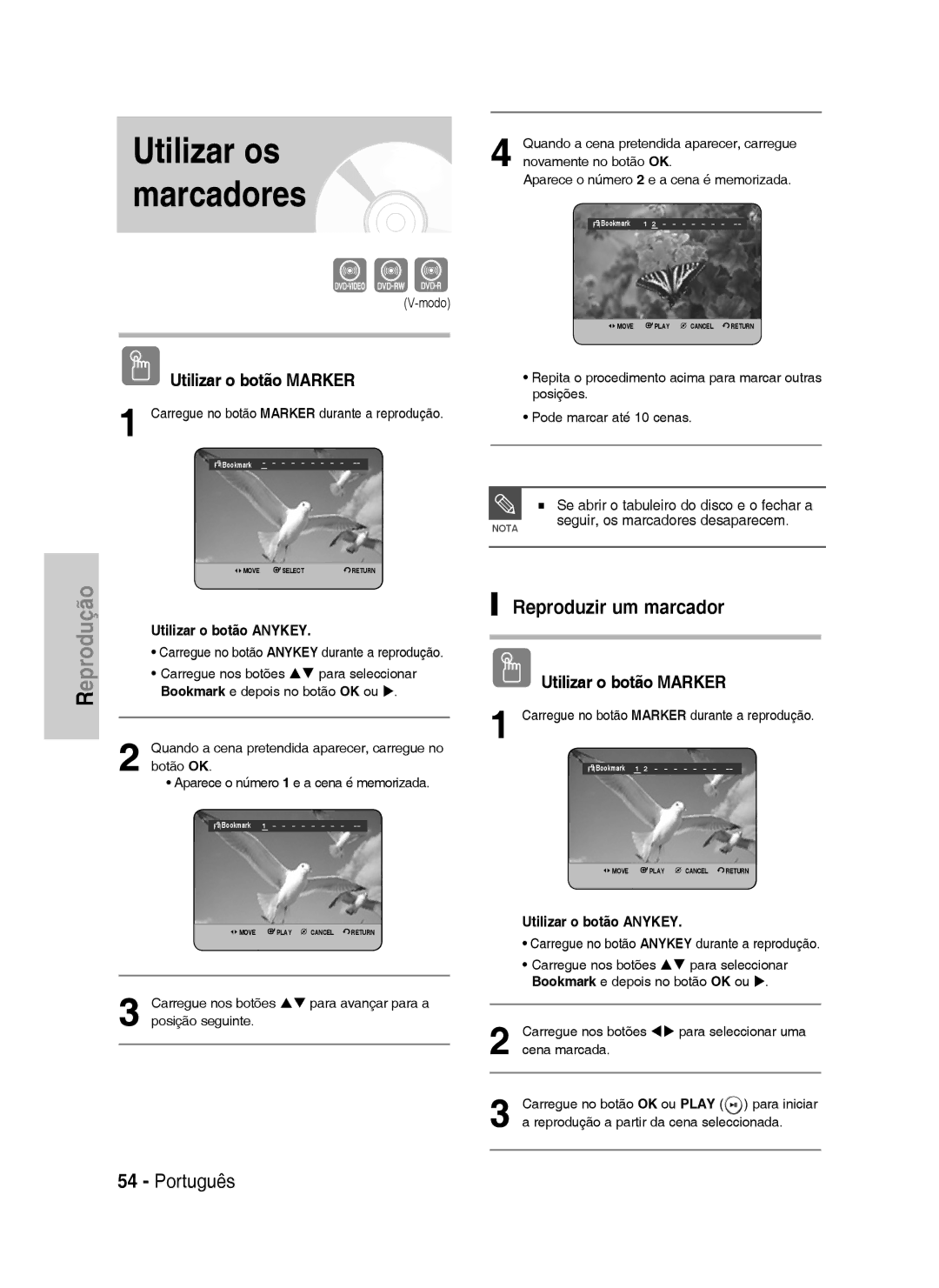 Samsung DVD-HR730/XEB, DVD-HR730/XEC, DVD-HR734/XEG manual Utilizar os marcadores, Se abrir o tabuleiro do disco e o fechar a 