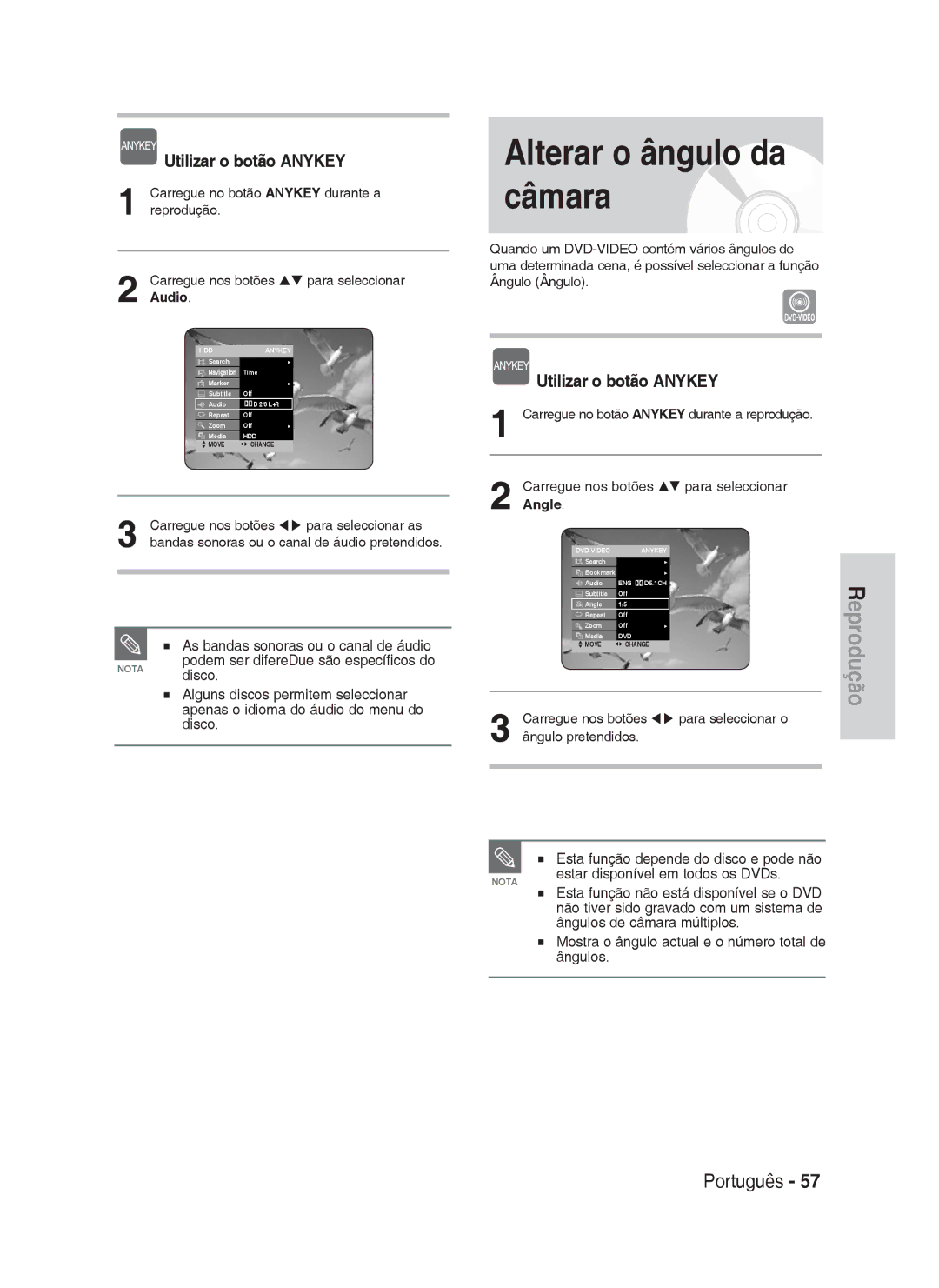 Samsung DVD-HR730/XEF manual Alterar o ângulo da câmara, Estar disponível em todos os DVDs, Ângulos de câmara múltiplos 