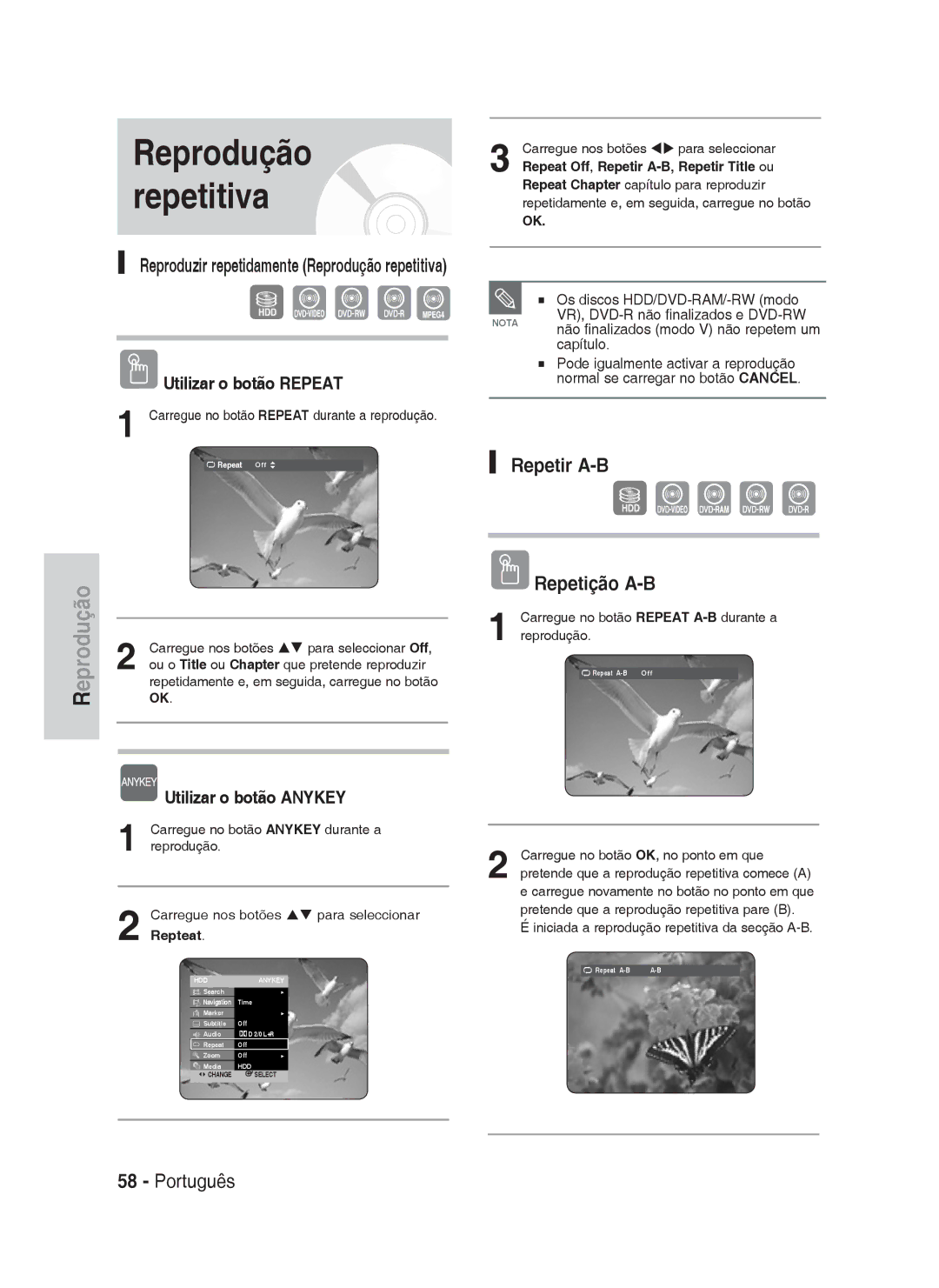 Samsung DVD-HR734/XEF, DVD-HR730/XEC manual Reprodução repetitiva, Repetir A-B Repetição A-B, Utilizar o botão Repeat 