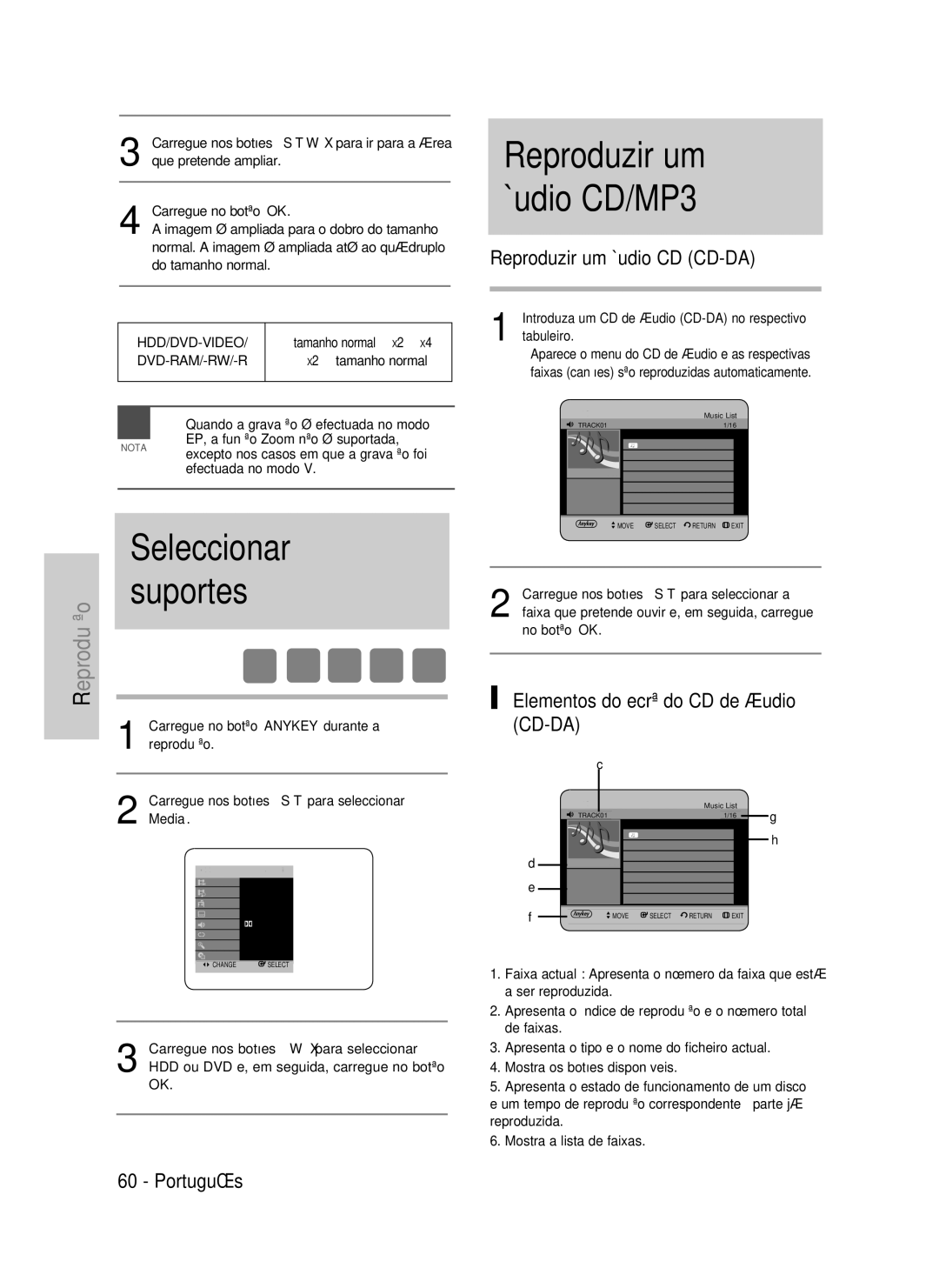 Samsung DVD-HR734/XET, DVD-HR730/XEC manual Seleccionar, Suportes, Reproduzir um Áudio CD/MP3, Reproduzir um Áudio CD CD-DA 