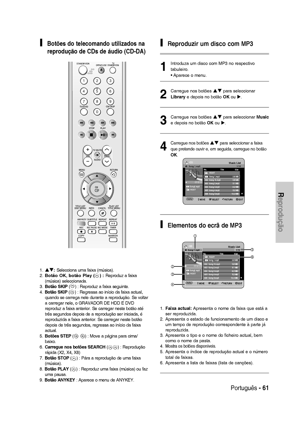 Samsung DVD-HR734/XEN, DVD-HR730/XEC, DVD-HR730/XEB manual Reproduzir um disco com MP3, ST Selecciona uma faixa música 