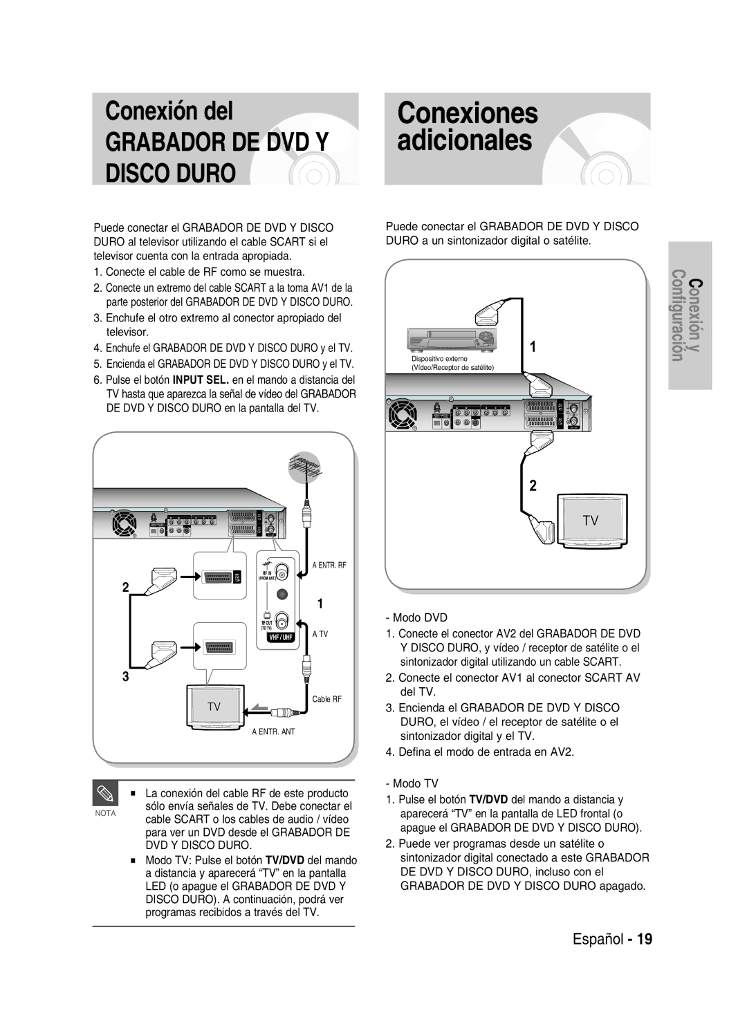 Samsung DVD-HR730/XEN, DVD-HR730/XEC manual Conexiones adicionales, Conecte el cable de RF como se muestra, Modo DVD 