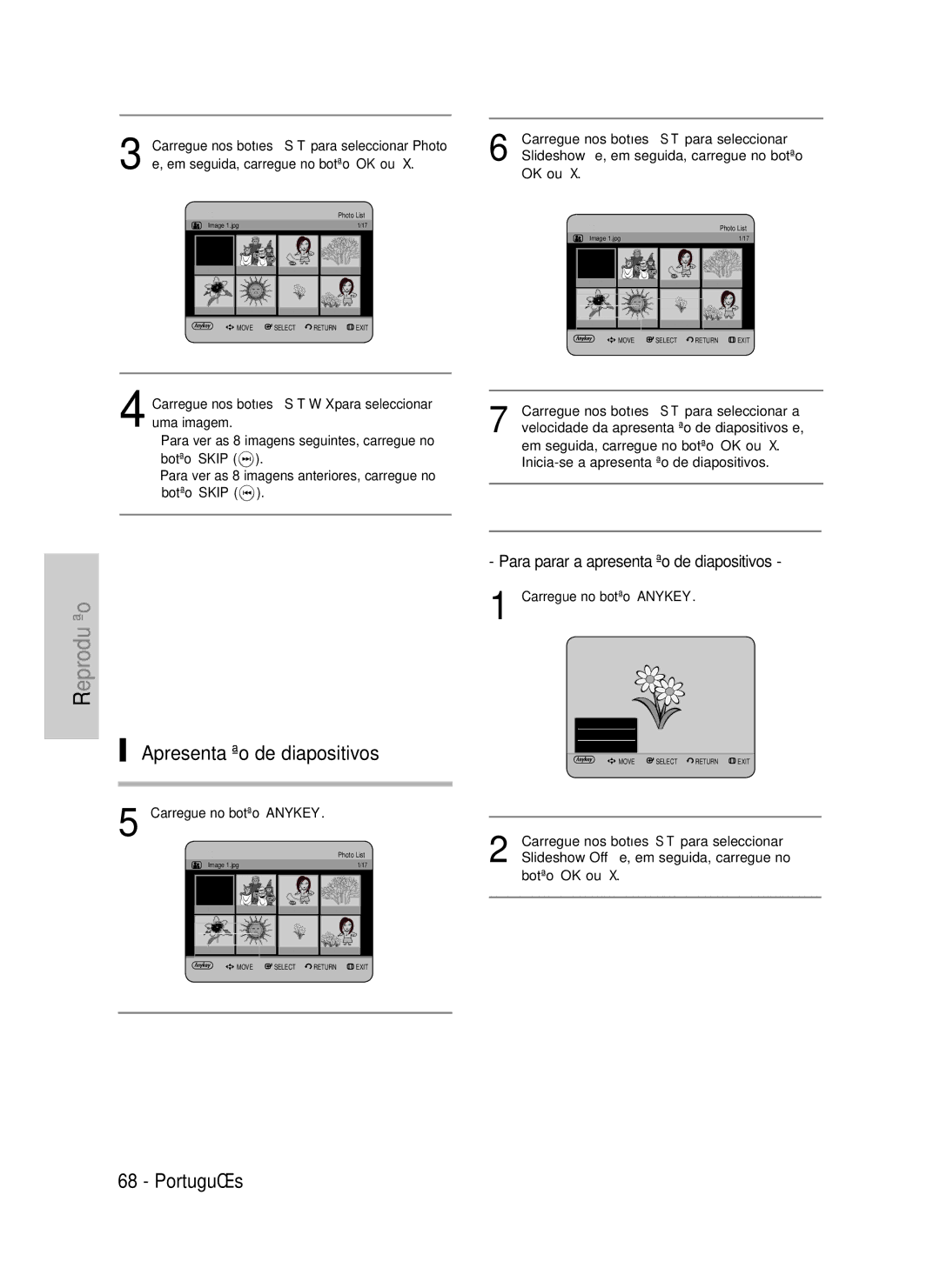 Samsung DVD-HR730/XEO, DVD-HR730/XEC, DVD-HR730/XEB Apresentação de diapositivos, Para parar a apresentação de diapositivos 