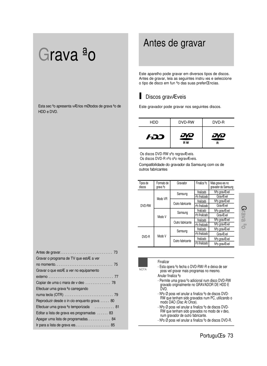 Samsung DVD-HR730/XEC, DVD-HR730/XEB, DVD-HR734/XEG, DVD-HR730/XEG Antes de gravar, Discos graváveis, Finalizar, Tipos de 