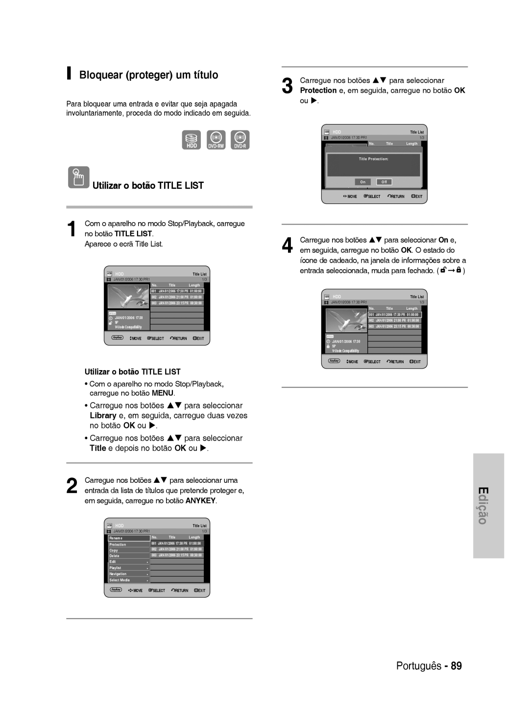 Samsung DVD-HR730/EUR manual Bloquear proteger um título, Com o aparelho no modo Stop/Playback, carregue no botão Menu 