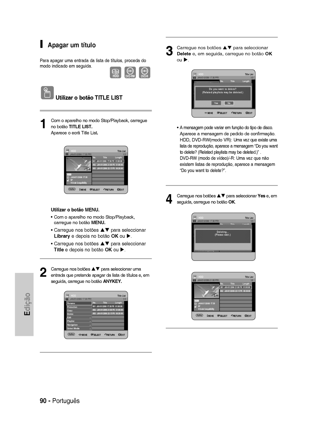 Samsung DVD-HR734/XEO, DVD-HR730/XEC, DVD-HR730/XEB, DVD-HR734/XEG, DVD-HR730/XEG, DVD-HR730/XEF manual Apagar um título 