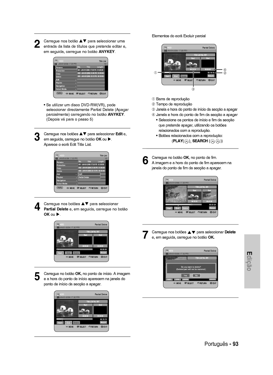 Samsung DVD-HR730/XEC, DVD-HR730/XEB manual Elementos do ecrã Excluir parcial, ➀ Barra de reprodução ➁ Tempo de reprodução 