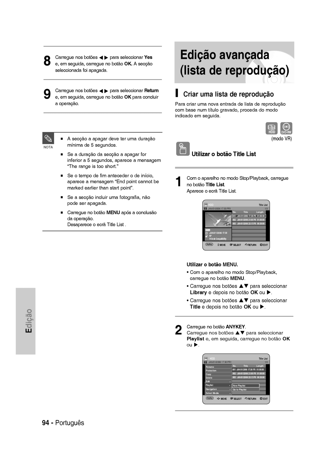 Samsung DVD-HR730/XEB manual Edição avançada lista de reprodução, Criar uma lista de reprodução, No botão Title List 