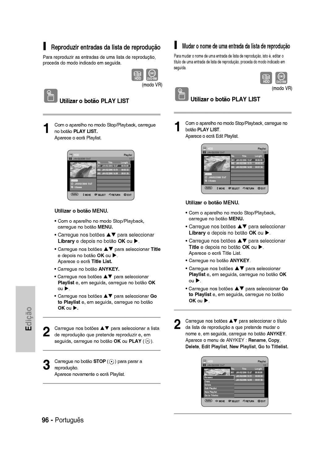 Samsung DVD-HR730/XEG manual Utilizar o botão Play List, Reproduzir entradas da lista de reprodução, No botão Play List 