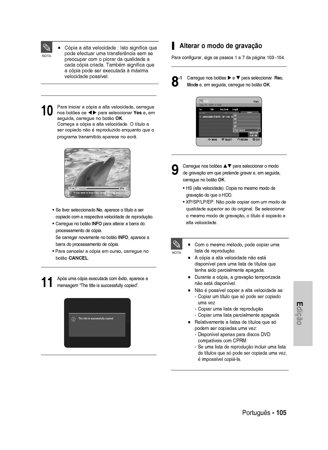 Samsung DVD-HR730/XEE, DVD-HR730/XEC, DVD-HR730/XEB, DVD-HR734/XEG, DVD-HR730/XEG, DVD-HR730/XEF Alterar o modo de gravação 